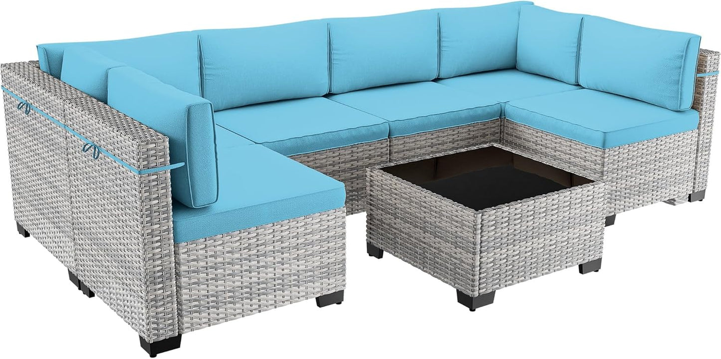 Sweecci 7-Piece Patio Furniture Set, Outdoor Sectional with Thick Cushions, Modular Patio Sofa, Dual-Strand Wicker Rattan, Rust-Resistant Frame, Backyard Furniture for Garden, Deck, Lake Blue