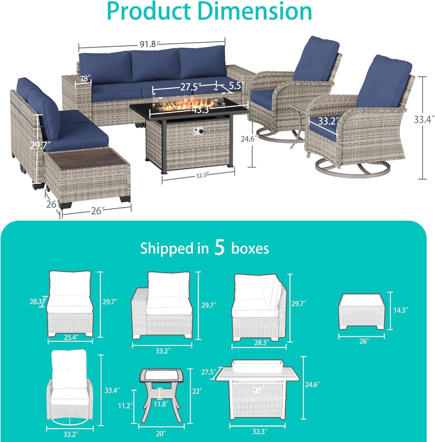 Muphyers 10-Piece Outdoor Patio Furniture Set with Rocking Swivel Chair, PE Wicker Rattan Sectional Sofa Patio Conversation Set with 55,000 BTU Fire Pit Table & Coffee Table, Navy Blue
