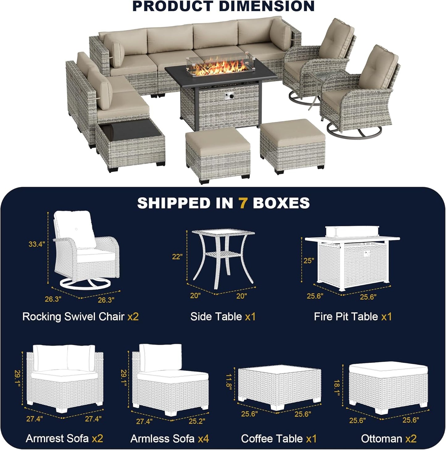 Muphyers 13-Piece Outdoor Patio Furniture Set with Rocking Swivel Chair, Wicker Rattan Sectional Sofa Conversation Set with 55,000 BTU Fire Pit Table with Ottomans, Backyard Furniture,Beige