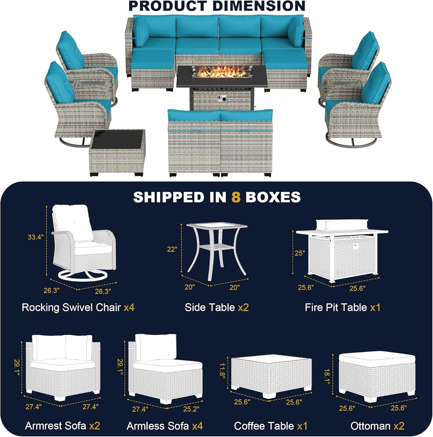 Muphyers 16-Piece Outdoor Patio Furniture Set with Rocking Swivel Chair, Wicker Rattan Sectional Sofa Conversation Set with 55,000 BTU Fire Pit Table with Ottomans, Backyard Furniture,Turquoise