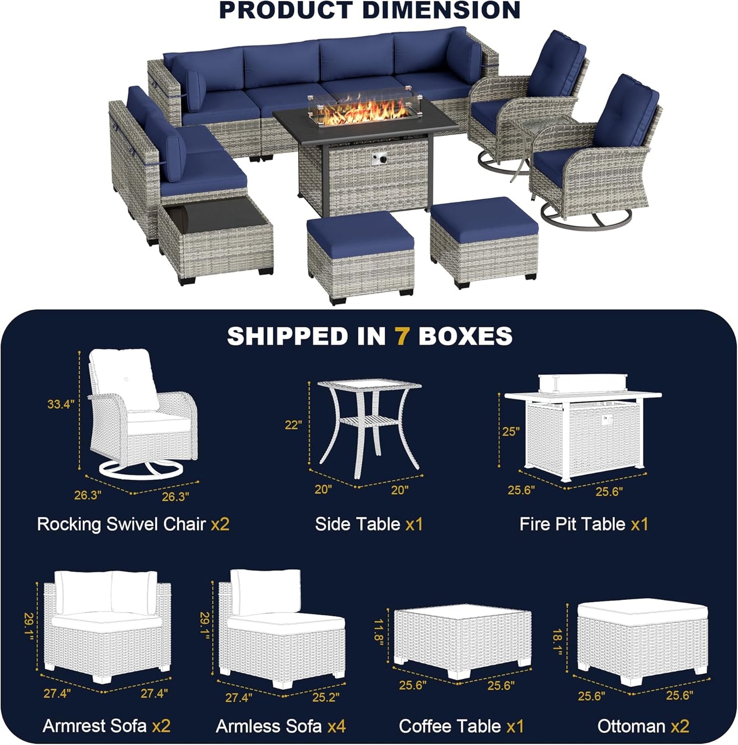 Muphyers 13-Piece Outdoor Patio Furniture Set with Rocking Swivel Chair, Wicker Rattan Sectional Sofa Conversation Set with 55,000 BTU Fire Pit Table with Ottomans, Backyard Furniture,Navy Blue