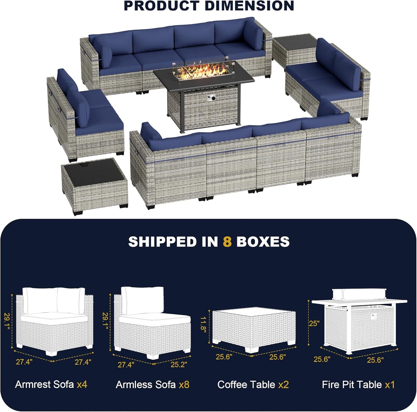Muphyers 15-Piece Outdoor Patio Furniture Set with 55,000 BTU Fire Pit Table, PE Wicker Rattan Sectional Sofa Conversation Set - All-Weather Garden, Backyard Furniture,Navy Blue