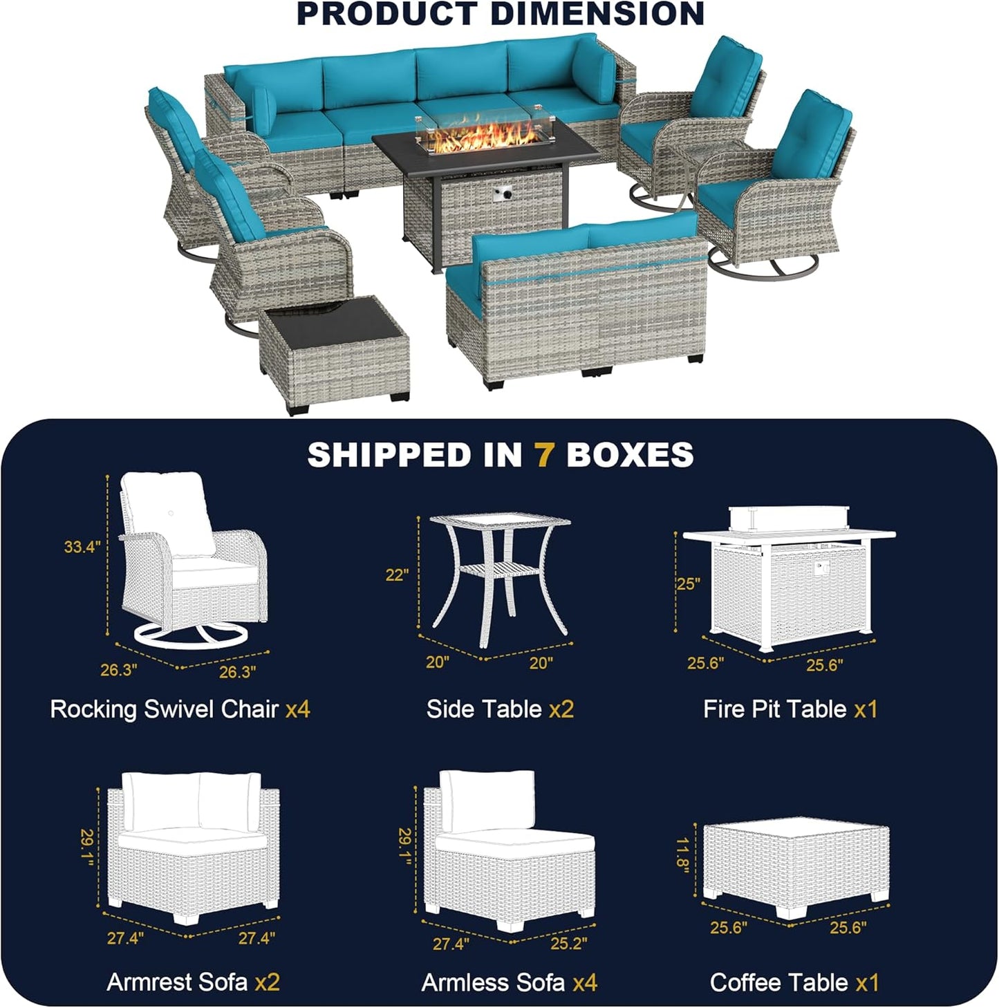 Muphyers 14-Piece Outdoor Patio Furniture Set with Rocking Swivel Chair, Wicker Rattan Sectional Sofa Conversation Set with 55,000 BTU Fire Pit Table, Backyard Furniture,Turquoise