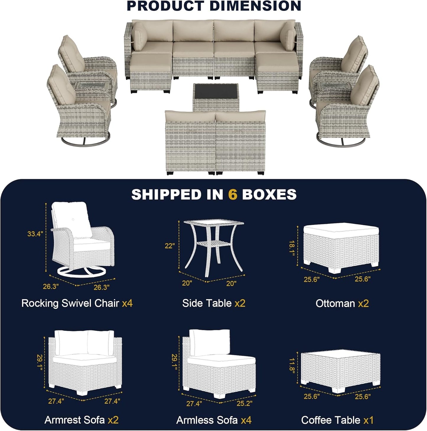Muphyers 15-Piece Outdoor Patio Furniture Set with Rocking Swivel Chair, Wicker Rattan Sectional Sofa Conversation Set with Tempered Glass Table with Ottomans, Backyard Furniture,Beige