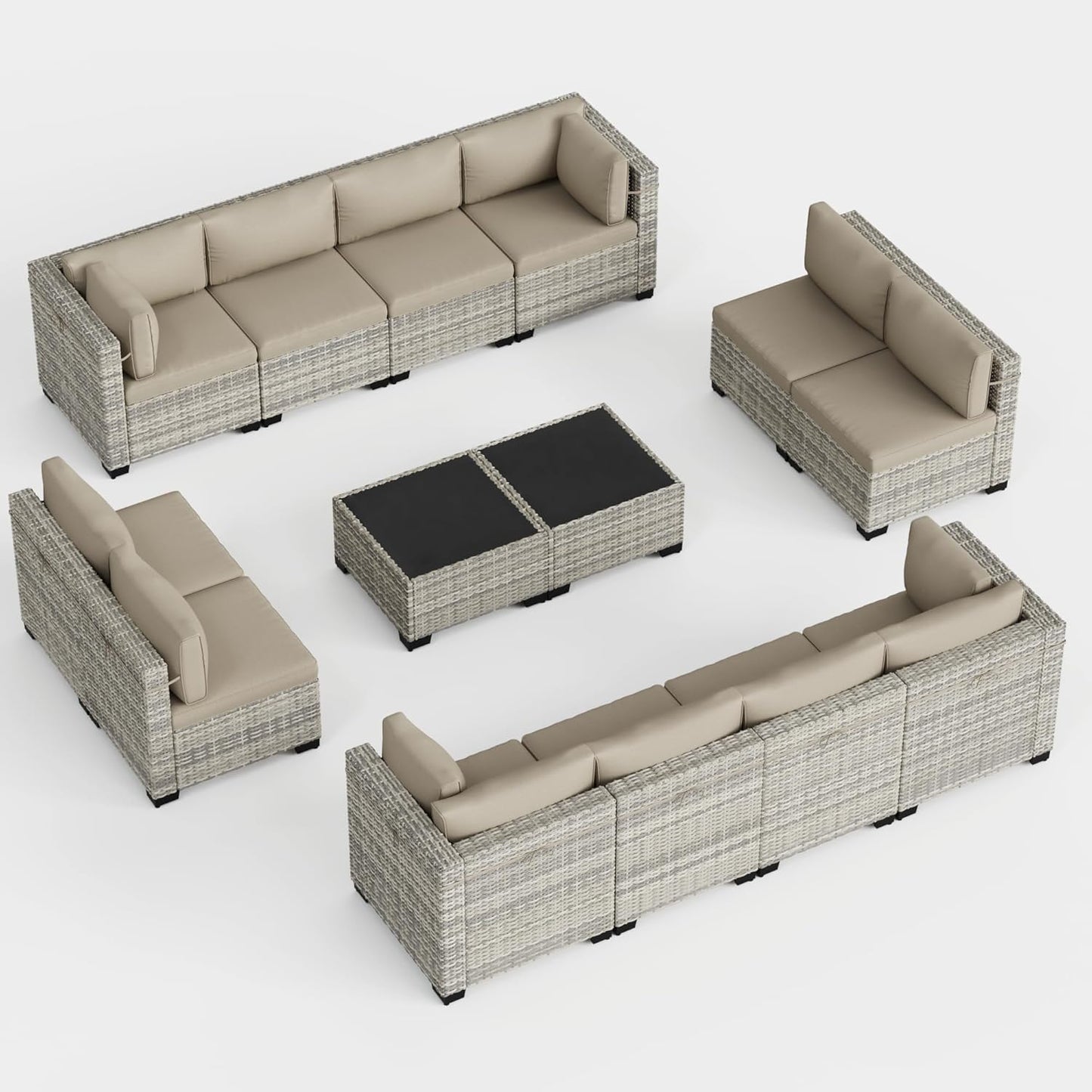 Muphyers 14-Piece Outdoor Patio Furniture Set, PE Wicker Rattan Sectional Sofa Conversation Set with Tempered Glass Table & Thick Cushions - All-Weather Garden, Backyard Furniture,Beige