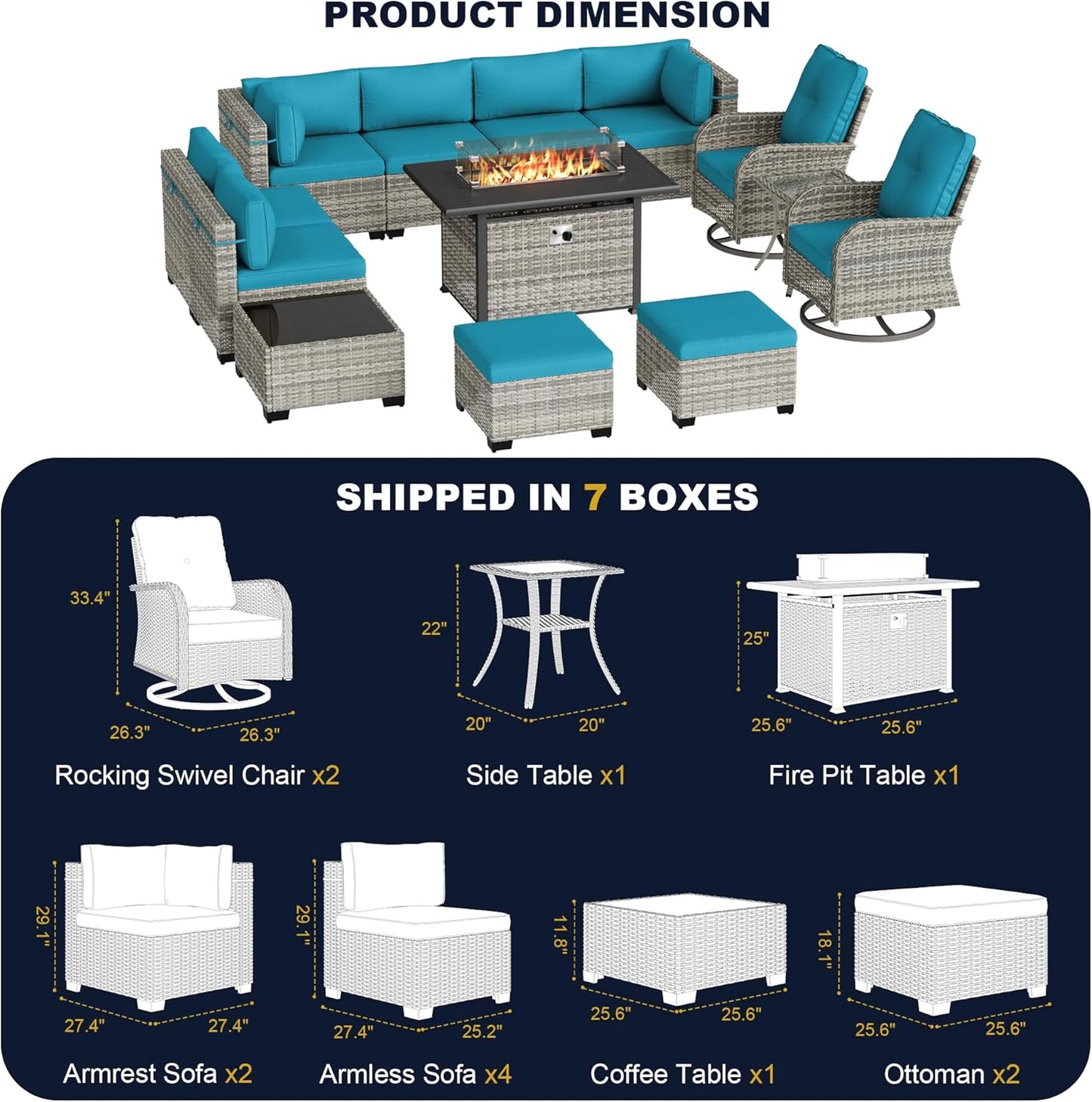 Muphyers 13-Piece Outdoor Patio Furniture Set with Rocking Swivel Chair, Wicker Rattan Sectional Sofa Conversation Set with 55,000 BTU Fire Pit Table with Ottomans, Backyard Furniture,Turquoise