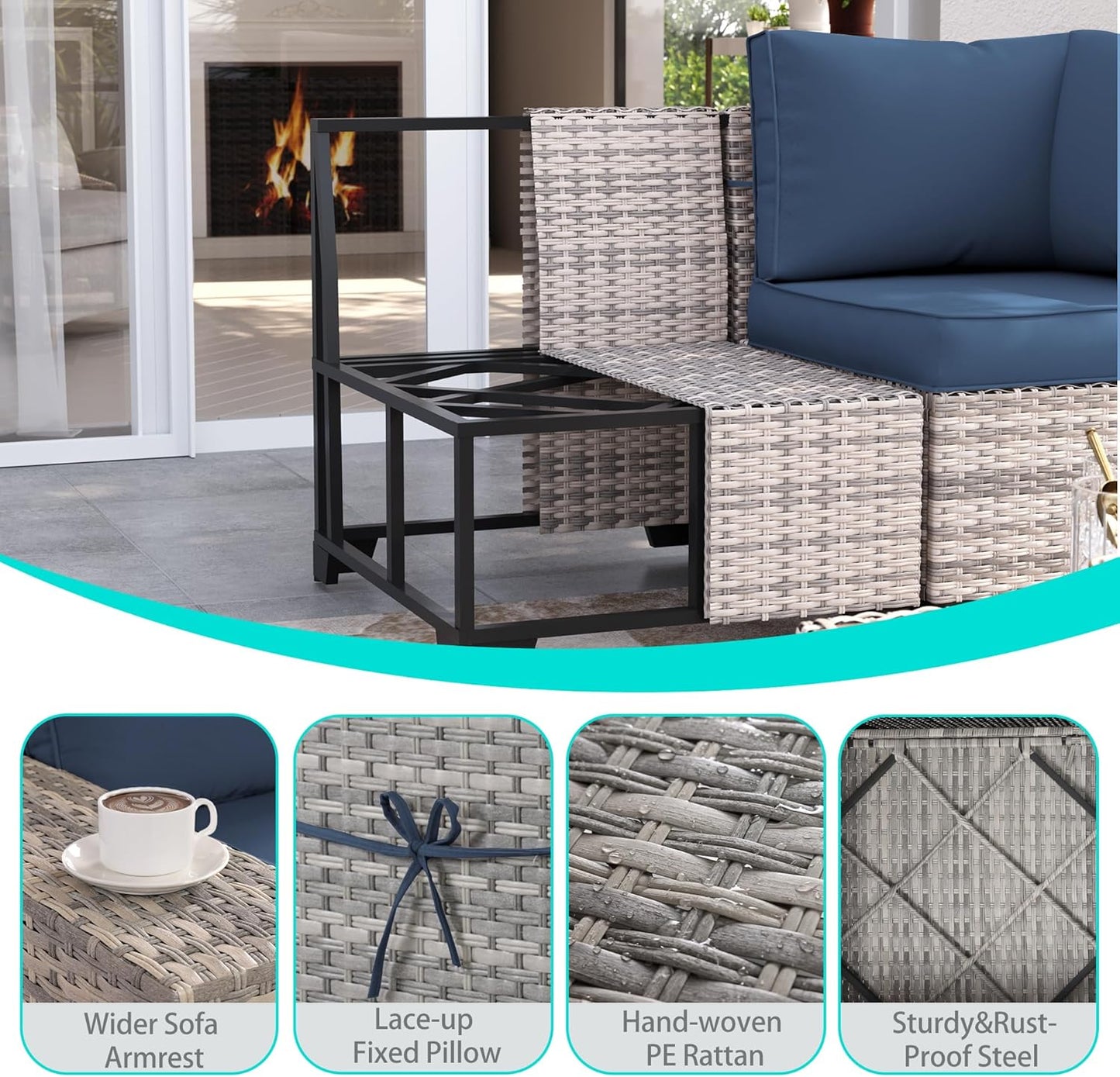 Muphyers 10-Piece Outdoor Patio Furniture Set with Rocking Swivel Chair, PE Wicker Rattan Sectional Sofa Patio Conversation Set with 55,000 BTU Fire Pit Table & Coffee Table, Navy Blue