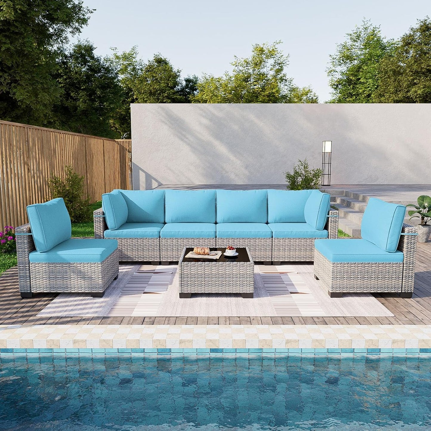 Sweecci 7-Piece Patio Furniture Set, Outdoor Sectional with Thick Cushions, Modular Patio Sofa, Dual-Strand Wicker Rattan, Rust-Resistant Frame, Backyard Furniture for Garden, Deck, Lake Blue