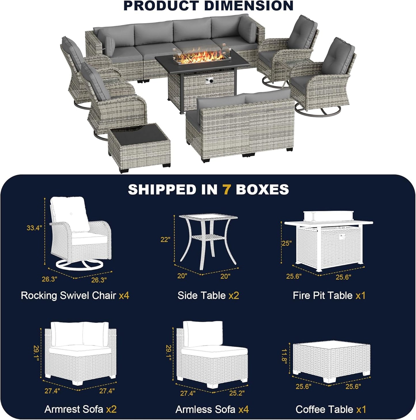 Muphyers 14-Piece Outdoor Patio Furniture Set with Rocking Swivel Chair, Wicker Rattan Sectional Sofa Conversation Set with 55,000 BTU Fire Pit Table, Backyard Furniture,Grey