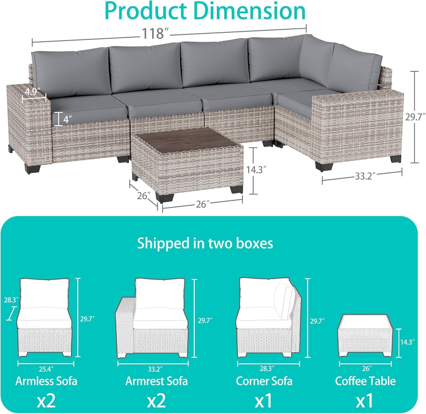 Muphyers 6-Piece Outdoor Patio Furniture Set Wicker Sectional Sofa Set
