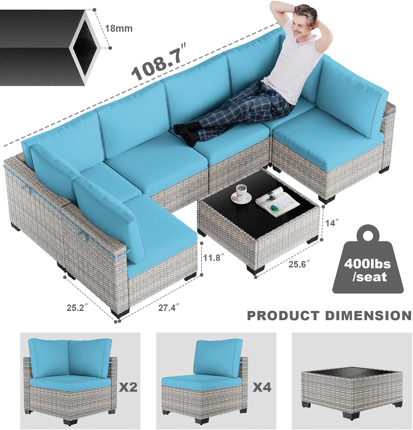 Sweecci 7-Piece Patio Furniture Set, Outdoor Sectional with Thick Cushions, Modular Patio Sofa, Dual-Strand Wicker Rattan, Rust-Resistant Frame, Backyard Furniture for Garden, Deck, Lake Blue
