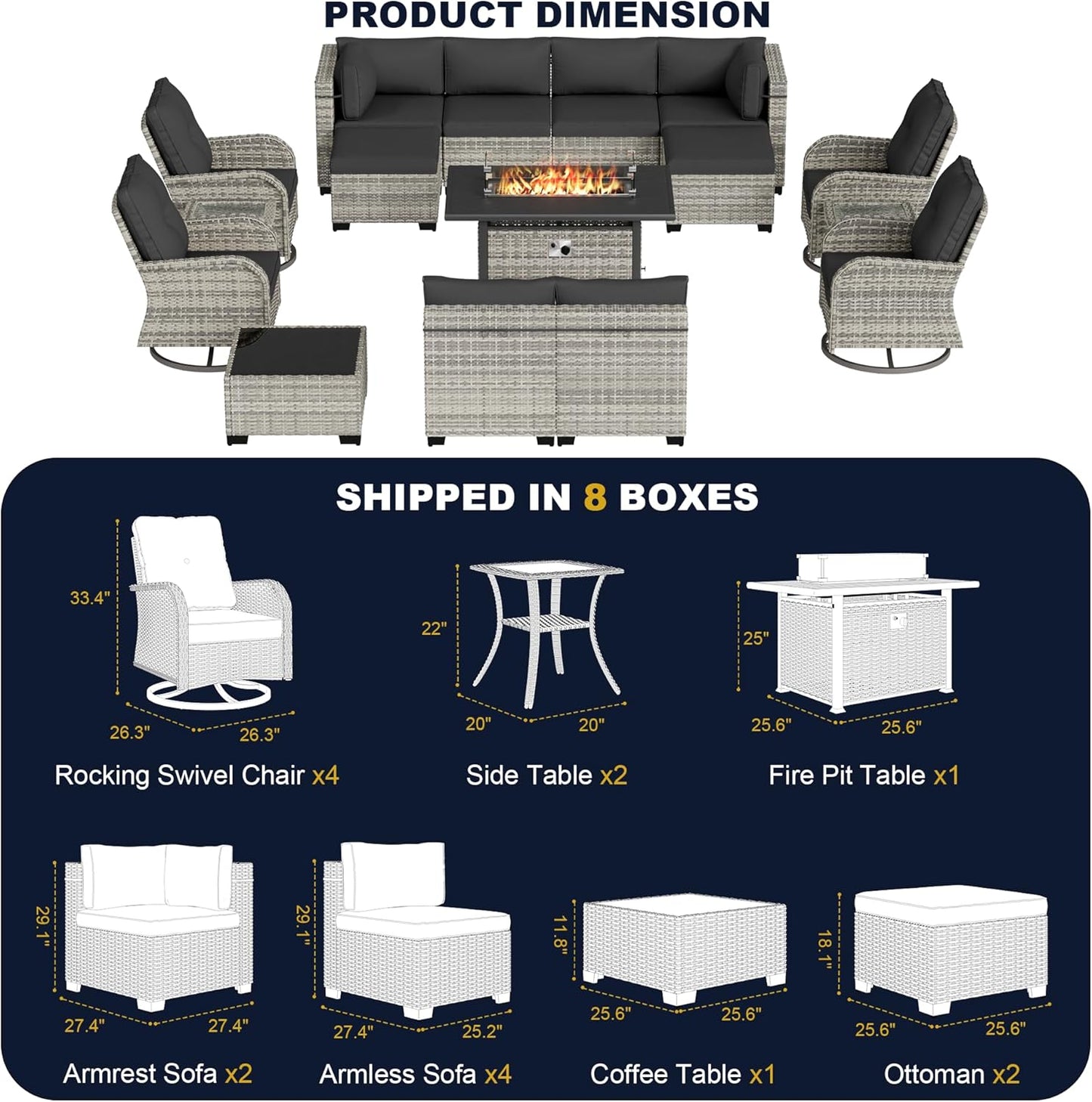 Muphyers 16-Piece Outdoor Patio Furniture Set with Rocking Swivel Chair, Wicker Rattan Sectional Sofa Conversation Set with 55,000 BTU Fire Pit Table with Ottomans, Backyard Furniture,Dark Grey