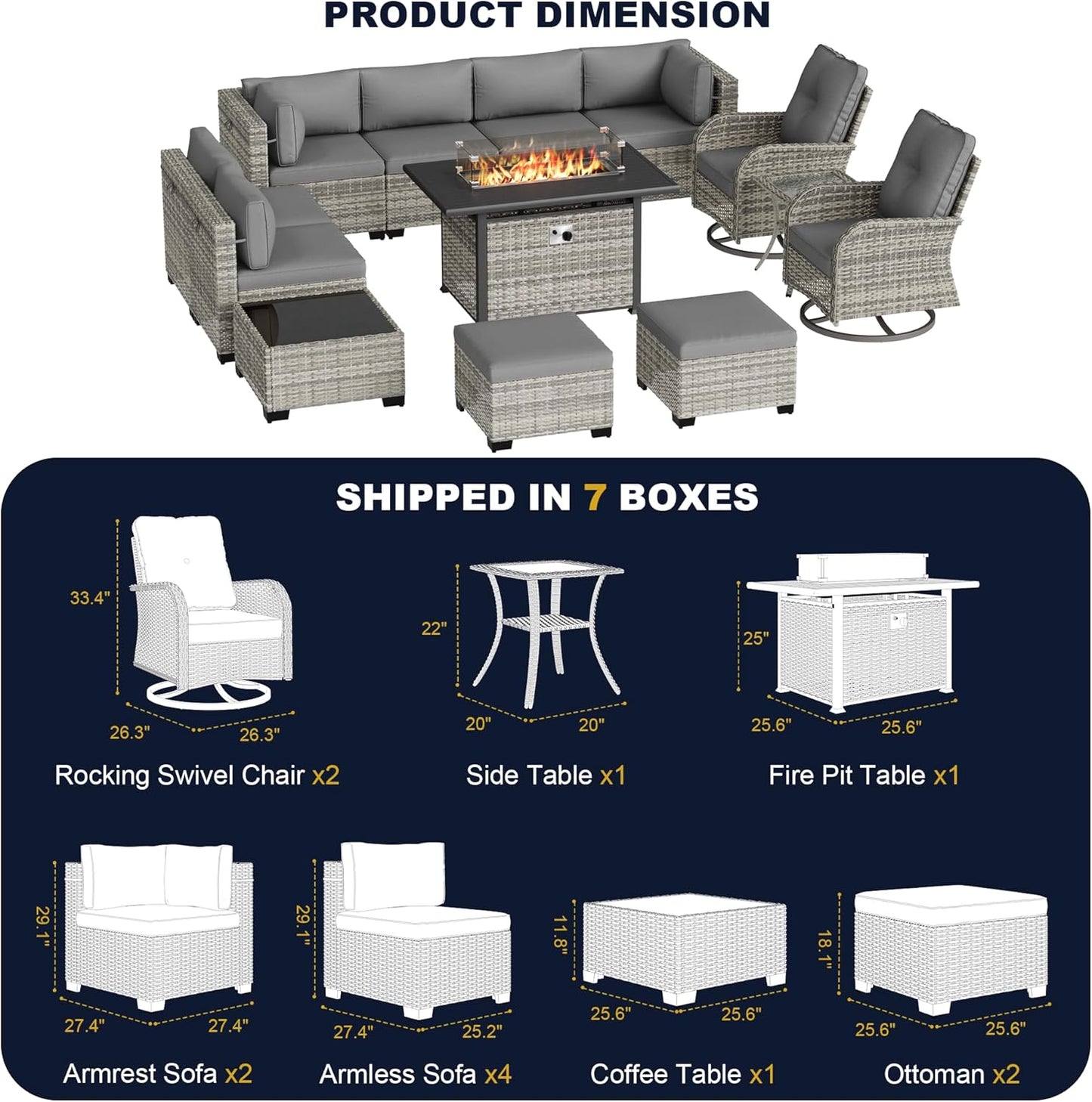 Muphyers 13-Piece Outdoor Patio Furniture Set with Rocking Swivel Chair, Wicker Rattan Sectional Sofa Conversation Set with 55,000 BTU Fire Pit Table with Ottomans, Backyard Furniture,Grey
