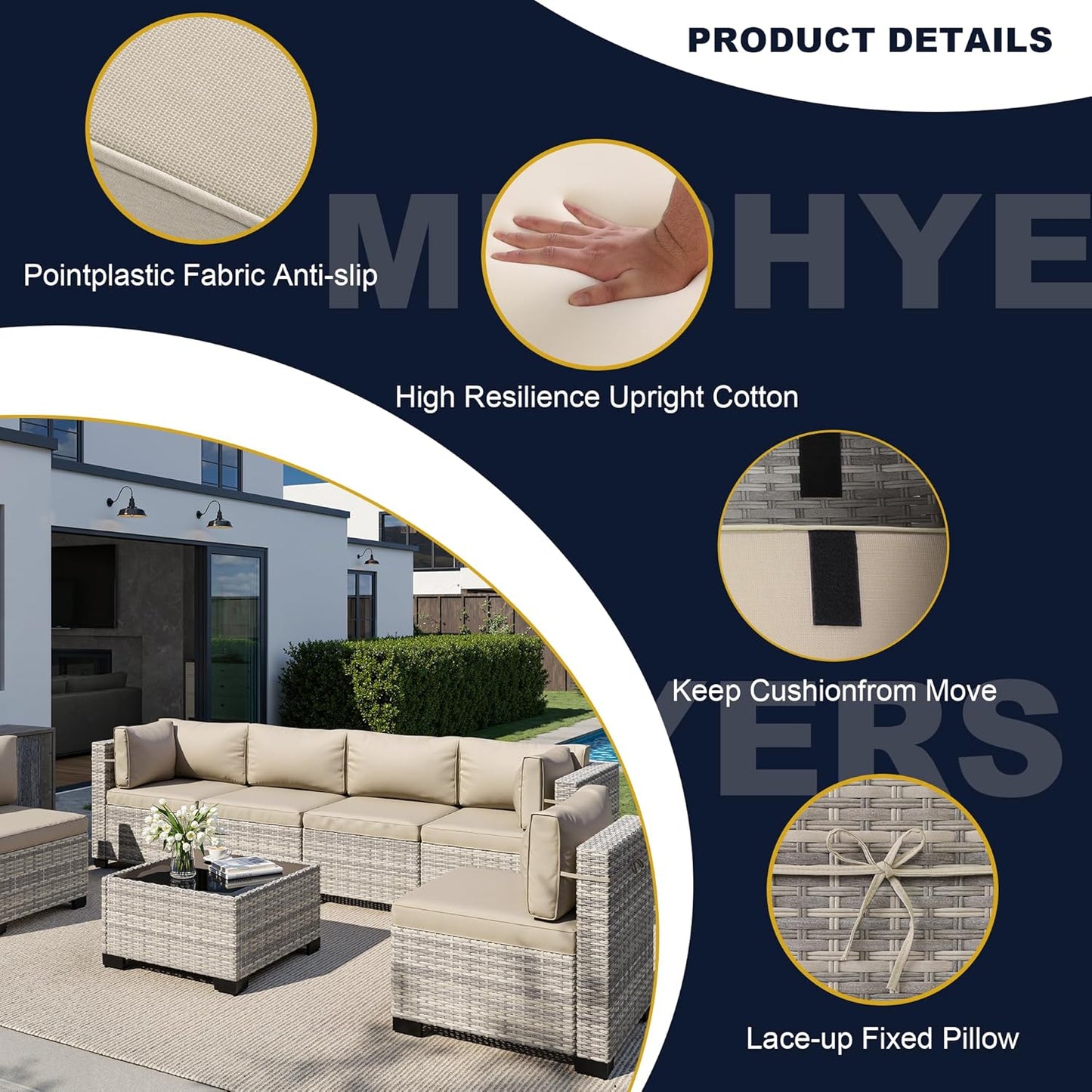 Muphyers 11-Piece Outdoor Patio Furniture Set with Rocking Swivel Chair, Wicker Rattan Sectional Sofa Conversation Set with 55,000 BTU Fire Pit Table, Backyard Furniture,Beige