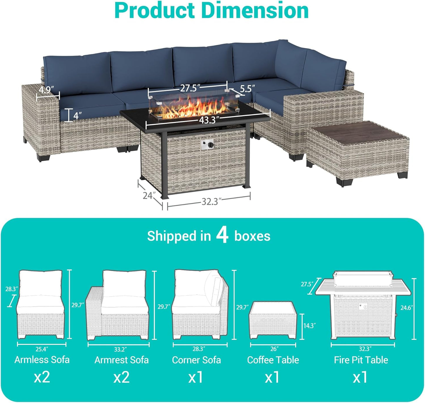 Muphyers 7-Piece Outdoor Patio Furniture Set with 55,000 BTU Fire Pit Table, PE Wicker Rattan Sectional Sofa Patio Conversation Set with Thickened Cushions & Coffee Table