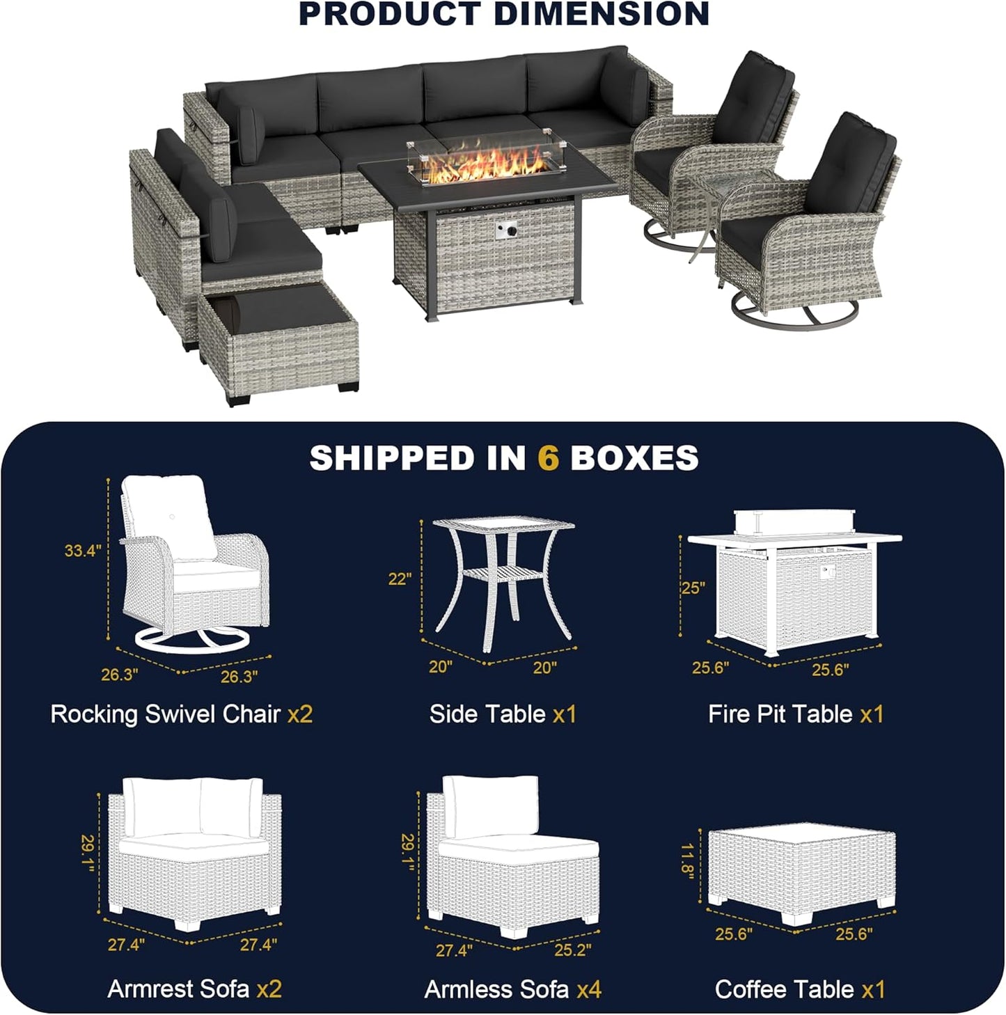 Muphyers 11-Piece Outdoor Patio Furniture Set with Rocking Swivel Chair, Wicker Rattan Sectional Sofa Conversation Set with 55,000 BTU Fire Pit Table, Backyard Furniture,Dark Grey