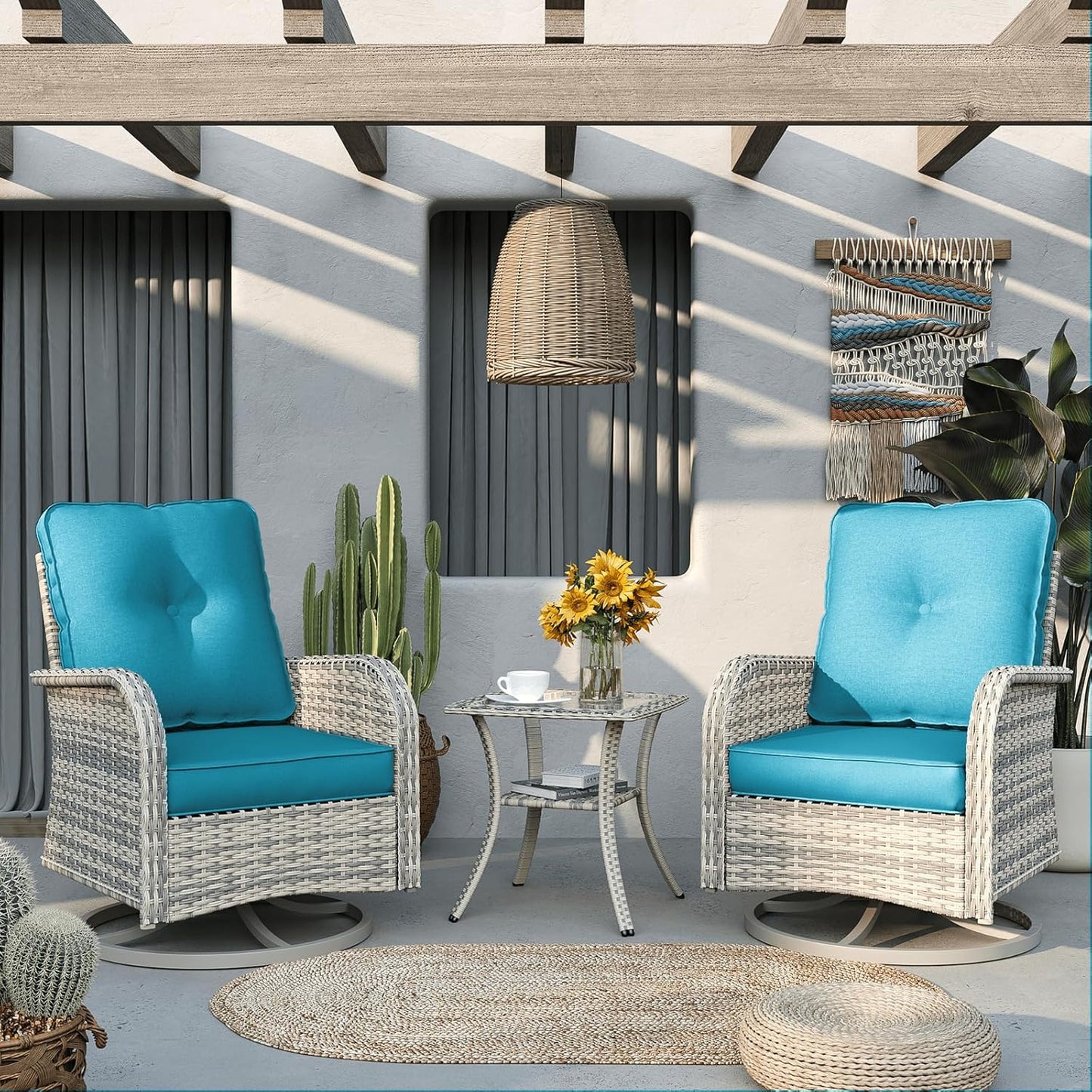 Muphyers Patio Rocking Swivel Chair Outdoor Wicker Rattan Bistro Set with Tempered Glass Side Table, Outdoor Patio Furniture Set for Garden, Deck, and Balcony