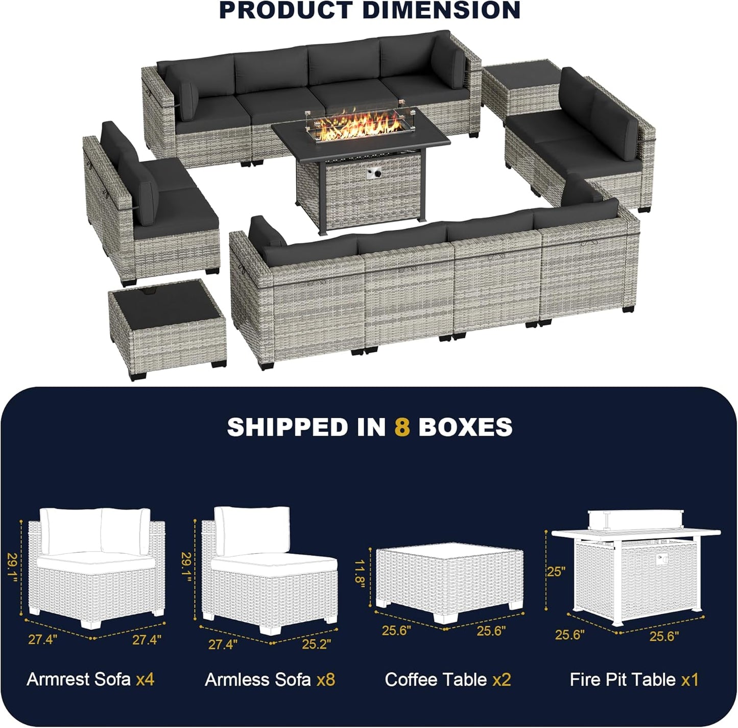 Muphyers 15-Piece Outdoor Patio Furniture Set with 55,000 BTU Fire Pit Table, PE Wicker Rattan Sectional Sofa Conversation Set - All-Weather Garden, Backyard Furniture,Dark Grey