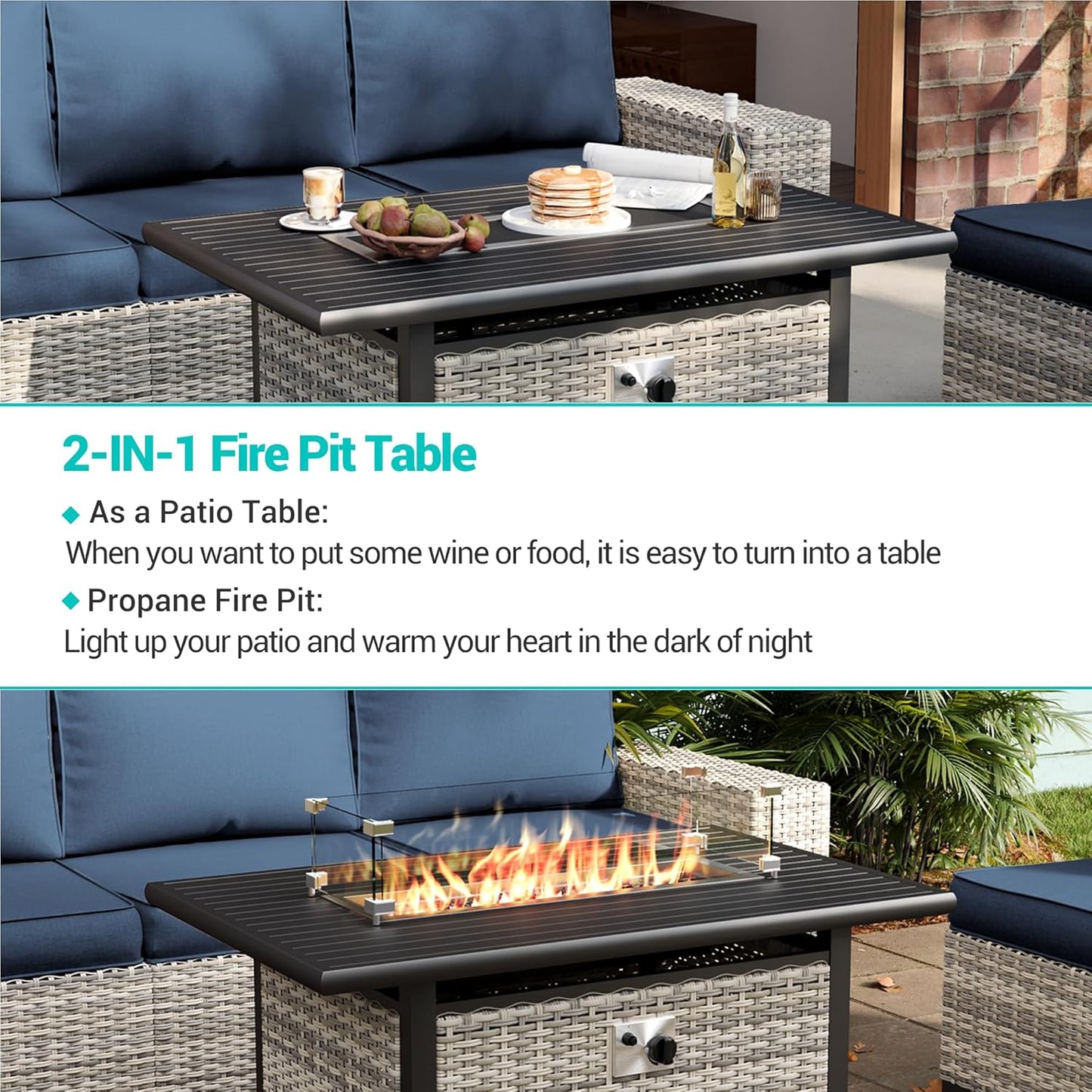 Muphyers 7-Piece Outdoor Patio Furniture Set with 55,000 BTU Fire Pit Table, PE Wicker Rattan Sectional Sofa Patio Conversation Set with Thickened Cushions & Coffee Table