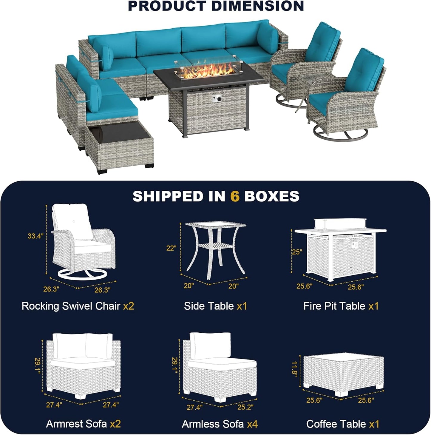 Muphyers 11-Piece Outdoor Patio Furniture Set with Rocking Swivel Chair, Wicker Rattan Sectional Sofa Conversation Set with 55,000 BTU Fire Pit Table, Backyard Furniture,Turquoise