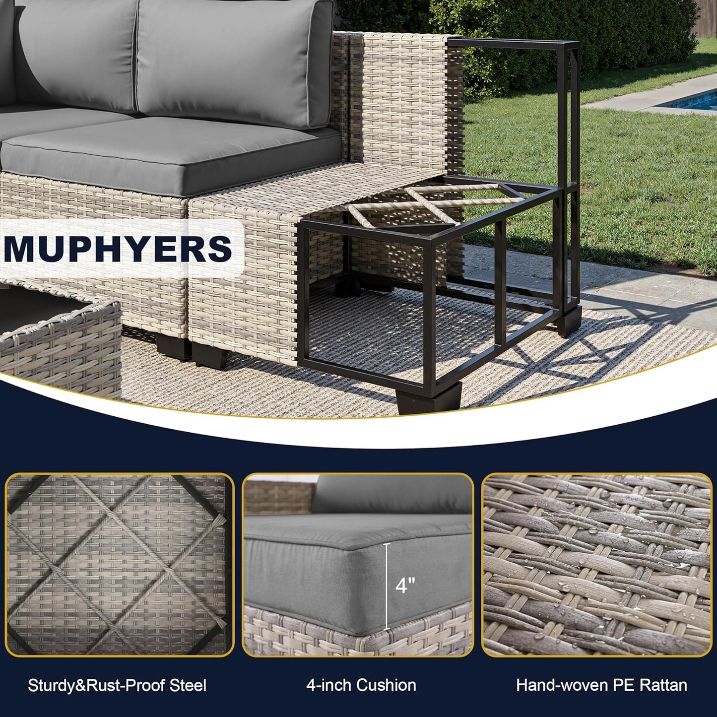 Muphyers 11-Piece Outdoor Patio Furniture Set with Rocking Swivel Chair, Wicker Rattan Sectional Sofa Conversation Set with 55,000 BTU Fire Pit Table, Backyard Furniture,Grey