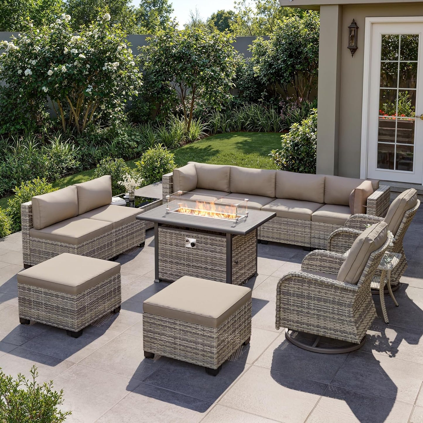Muphyers 13-Piece Outdoor Patio Furniture Set with Rocking Swivel Chair, Wicker Rattan Sectional Sofa Conversation Set with 55,000 BTU Fire Pit Table with Ottomans, Backyard Furniture,Beige
