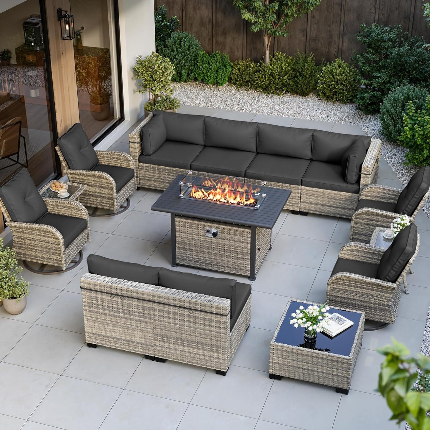 Muphyers 14-Piece Outdoor Patio Furniture Set with Rocking Swivel Chair, Wicker Rattan Sectional Sofa Conversation Set with 55,000 BTU Fire Pit Table, Backyard Furniture,Dark Grey