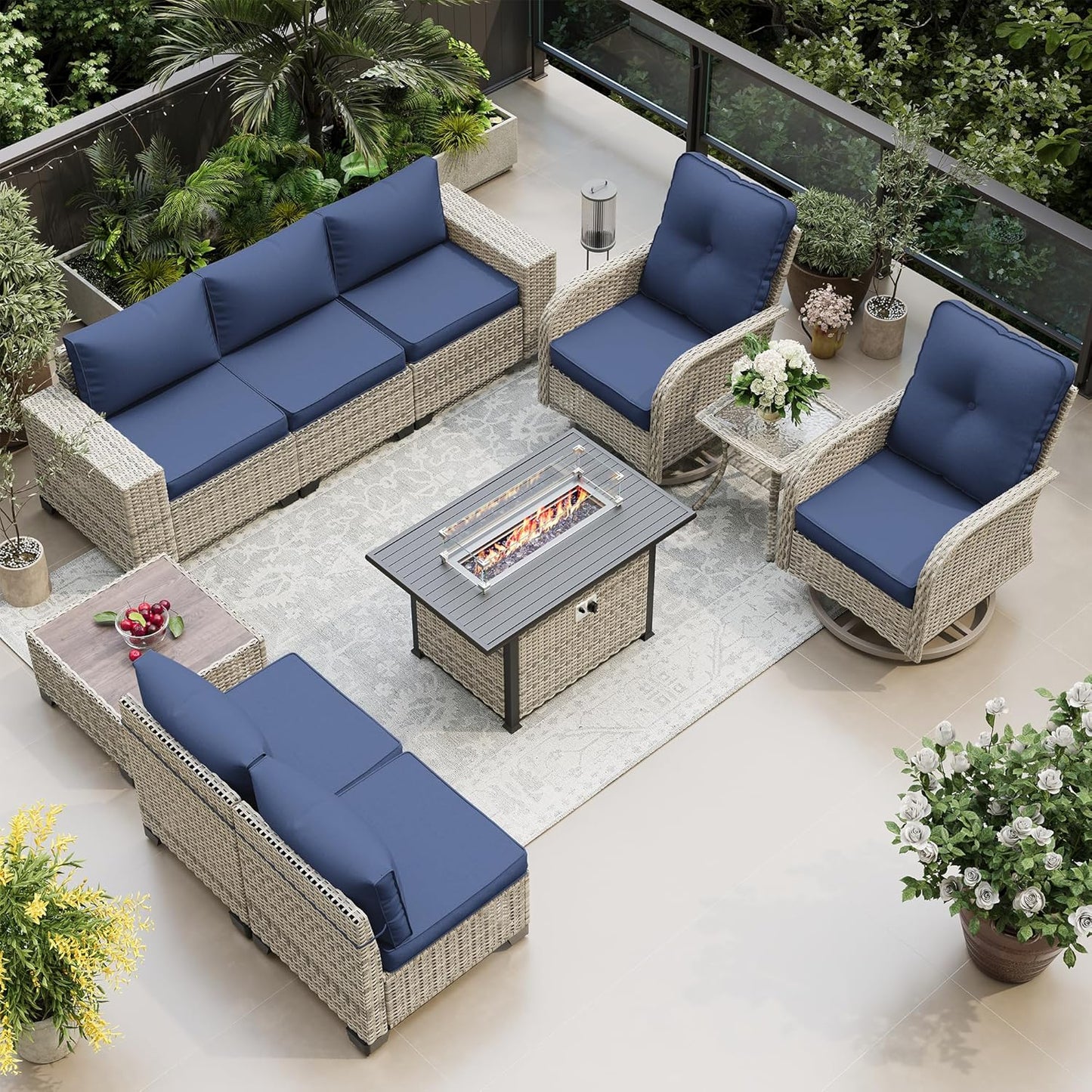 Muphyers 10-Piece Outdoor Patio Furniture Set with Rocking Swivel Chair, PE Wicker Rattan Sectional Sofa Patio Conversation Set with 55,000 BTU Fire Pit Table & Coffee Table, Navy Blue