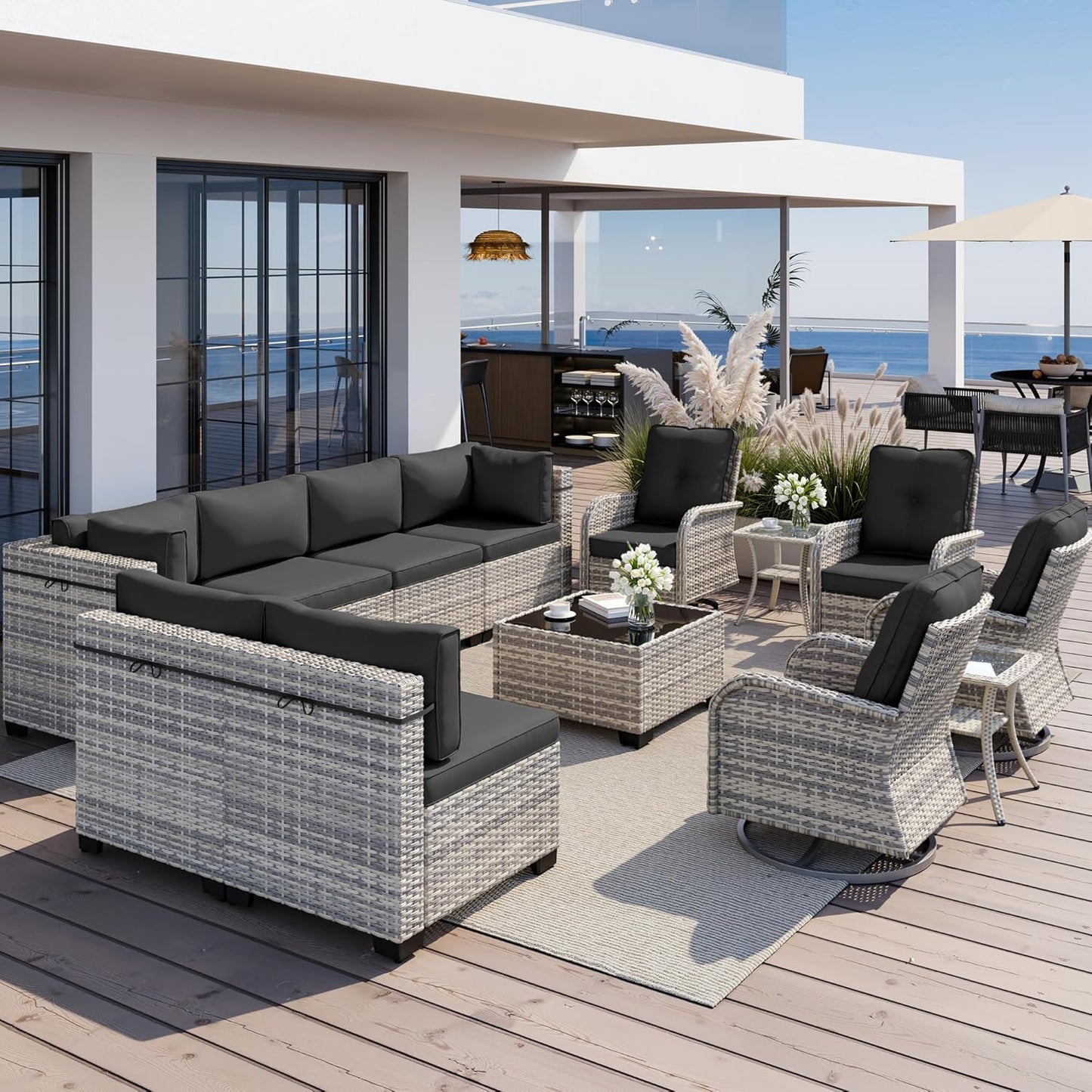 Muphyers 13-Piece Outdoor Patio Furniture Set with Rocking Swivel Chair, Wicker Rattan Sectional Sofa Conversation Set with Tempered Glass Table, Backyard Furniture,Dark Grey