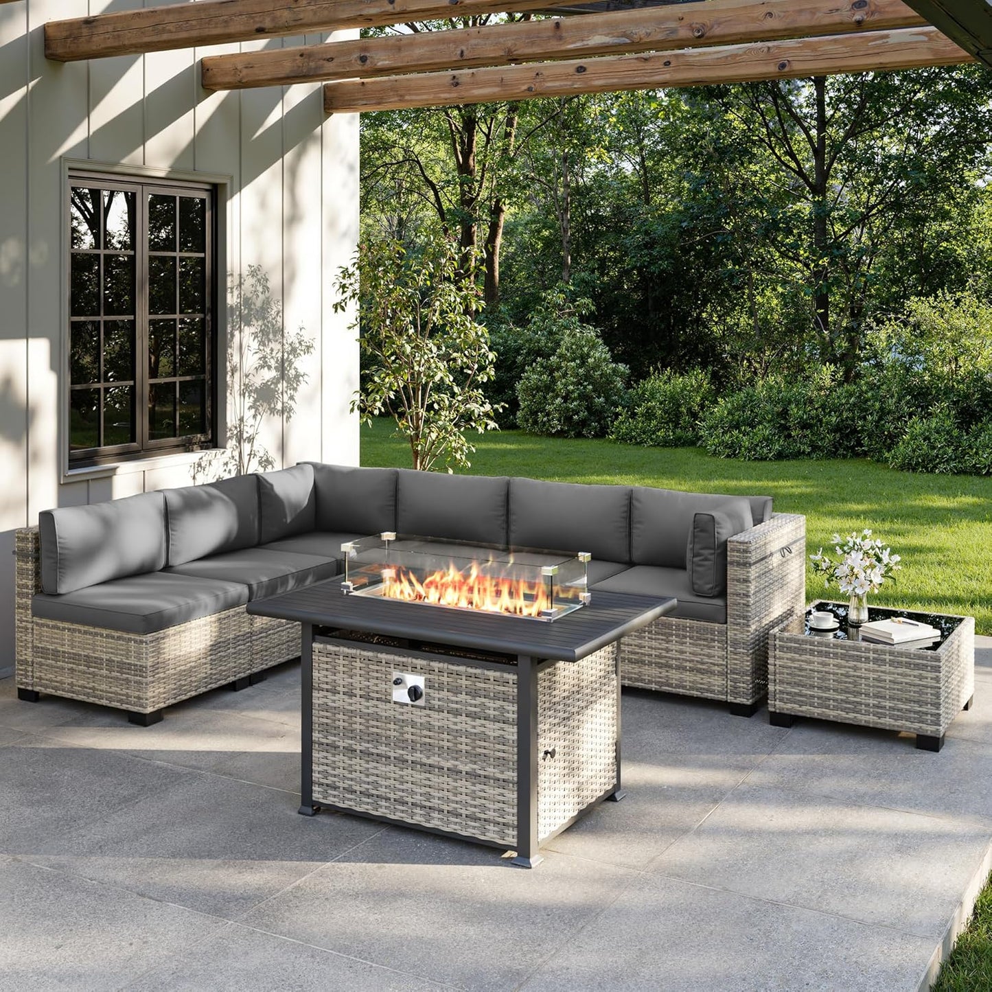 Muphyers 8-Piece Outdoor Patio Furniture Set with 55,000 BTU Fire Pit Table, PE Wicker Rattan Sectional Sofa Conversation Set - All-Weather Garden, Backyard Furniture,Grey