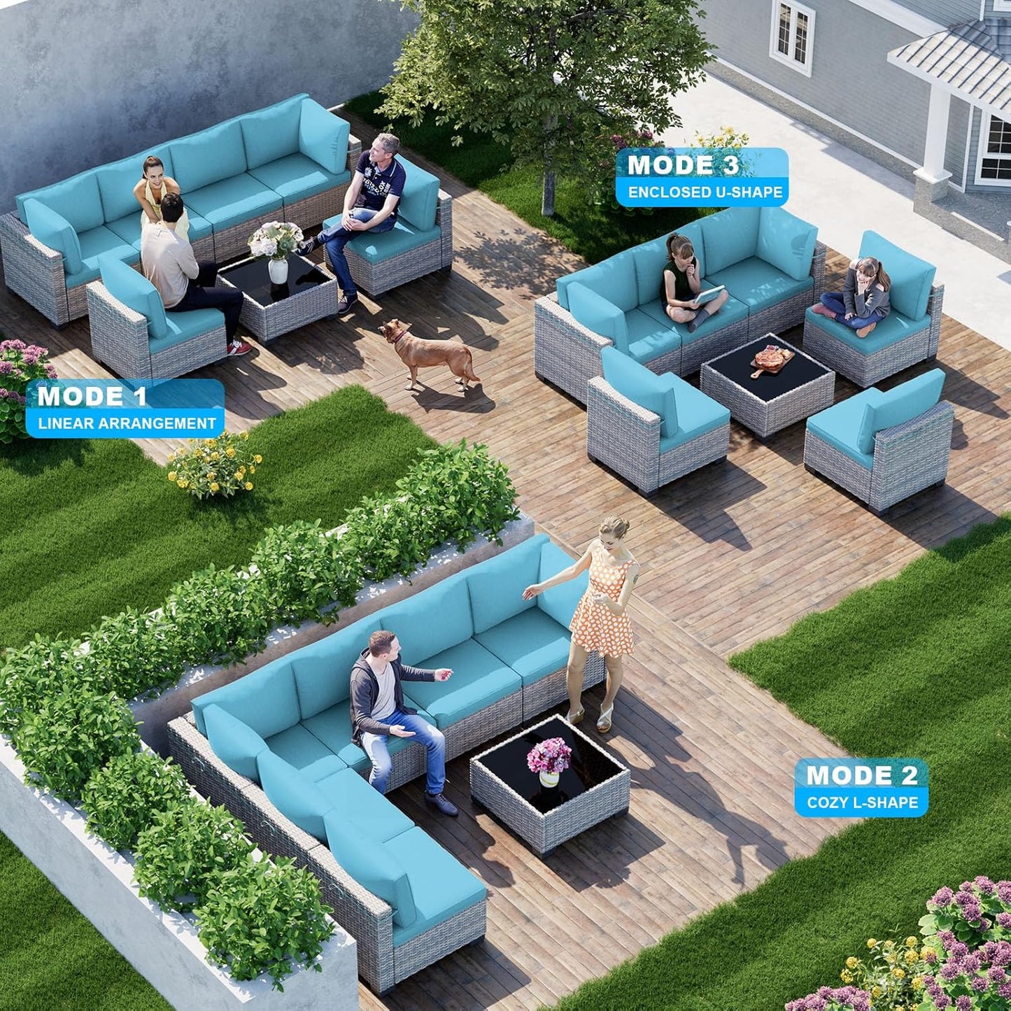 Sweecci 7-Piece Patio Furniture Set, Outdoor Sectional with Thick Cushions, Modular Patio Sofa, Dual-Strand Wicker Rattan, Rust-Resistant Frame, Backyard Furniture for Garden, Deck, Lake Blue