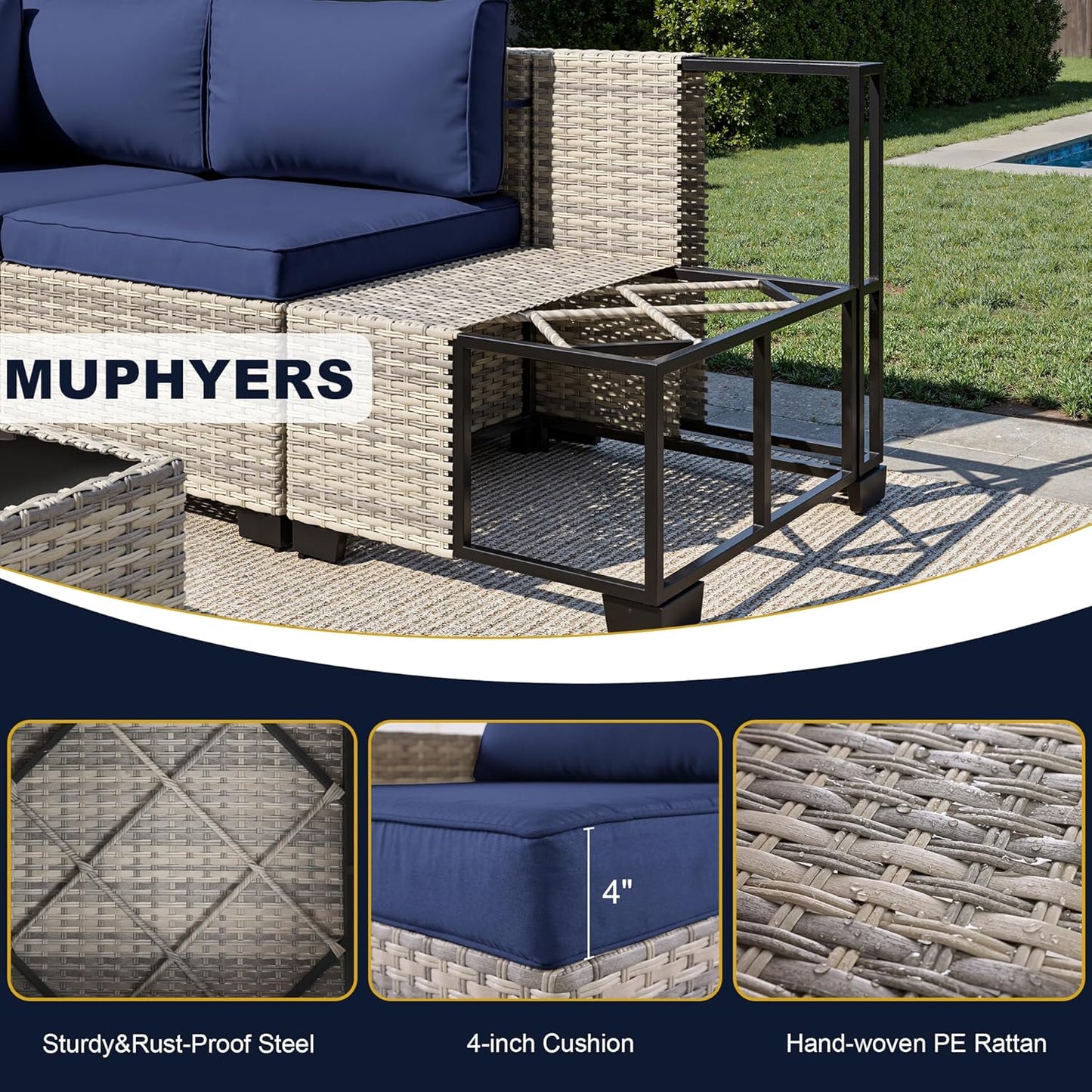 Muphyers 13-Piece Outdoor Patio Furniture Set with Rocking Swivel Chair, Wicker Rattan Sectional Sofa Conversation Set with 55,000 BTU Fire Pit Table with Ottomans, Backyard Furniture,Navy Blue