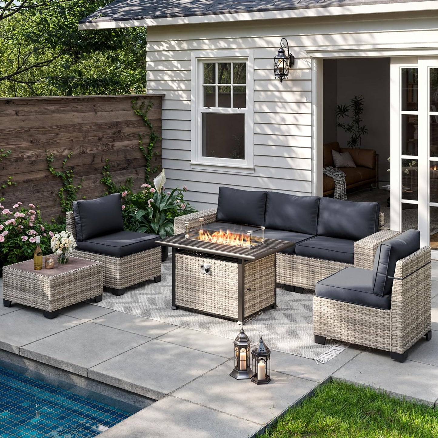 Muphyers 7-Piece Outdoor Patio Furniture Set with 55,000 BTU Fire Pit Table, PE Wicker Rattan Sectional Sofa Patio Conversation Set with Thickened Cushions & Coffee Table