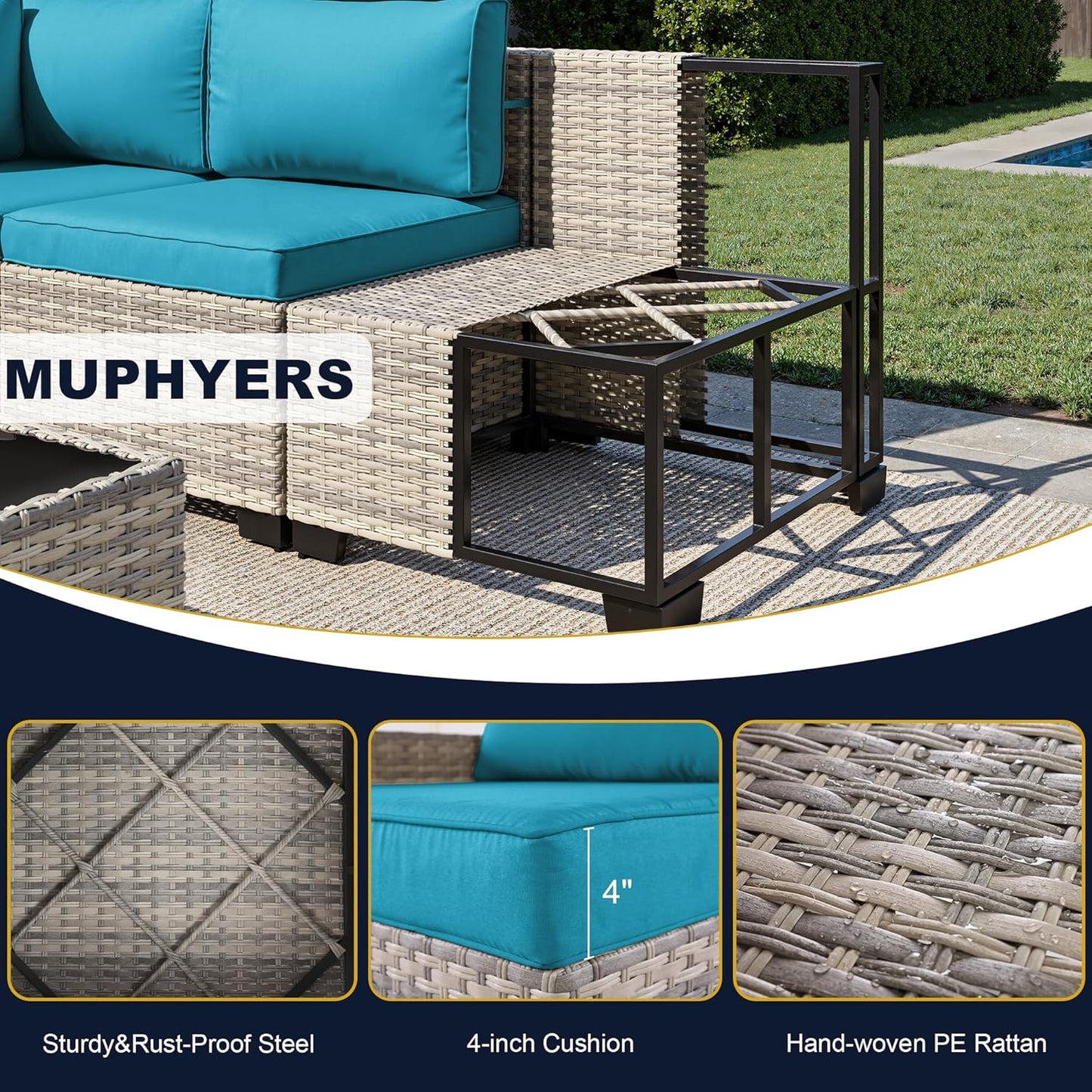 Muphyers 13-Piece Outdoor Patio Furniture Set with Rocking Swivel Chair, Wicker Rattan Sectional Sofa Conversation Set with 55,000 BTU Fire Pit Table with Ottomans, Backyard Furniture,Turquoise