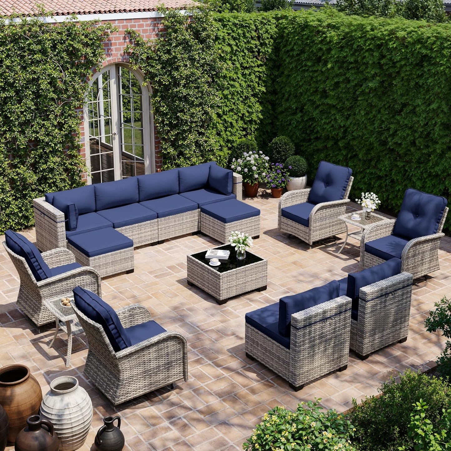 Muphyers 15-Piece Outdoor Patio Furniture Set with Rocking Swivel Chair, Wicker Rattan Sectional Sofa Conversation Set with Tempered Glass Table with Ottomans, Backyard Furniture,Navy Blue