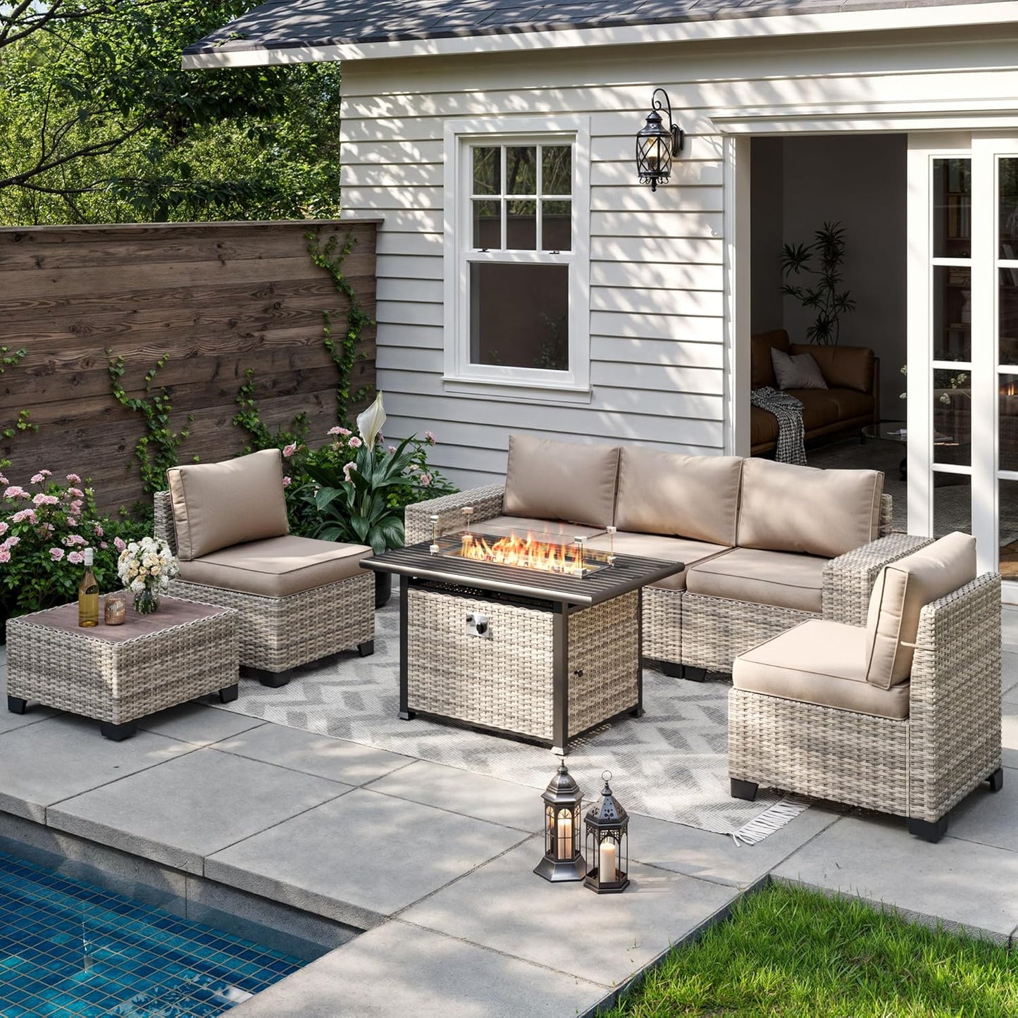 Muphyers 7-Piece Outdoor Patio Furniture Set with 55,000 BTU Fire Pit Table, PE Wicker Rattan Sectional Sofa Patio Conversation Set with Thickened Cushions & Coffee Table