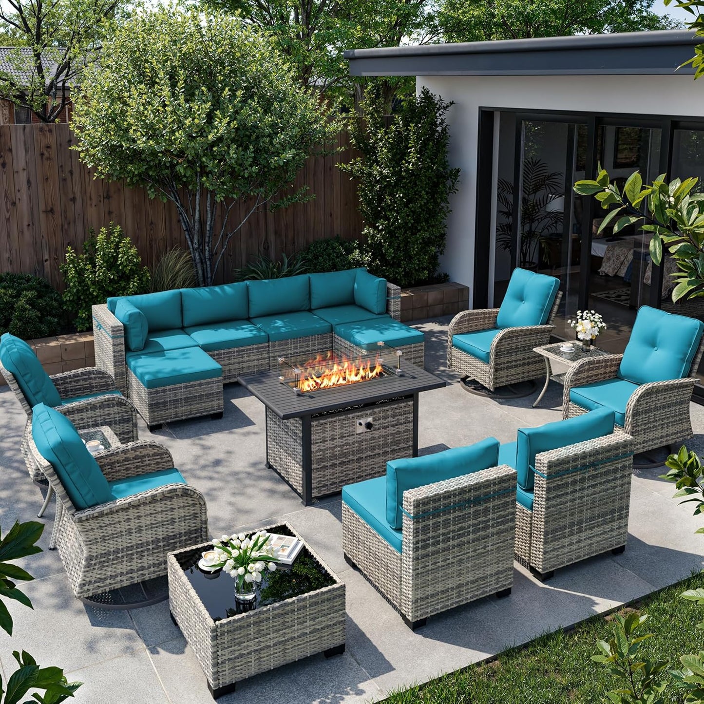 Muphyers 16-Piece Outdoor Patio Furniture Set with Rocking Swivel Chair, Wicker Rattan Sectional Sofa Conversation Set with 55,000 BTU Fire Pit Table with Ottomans, Backyard Furniture,Turquoise