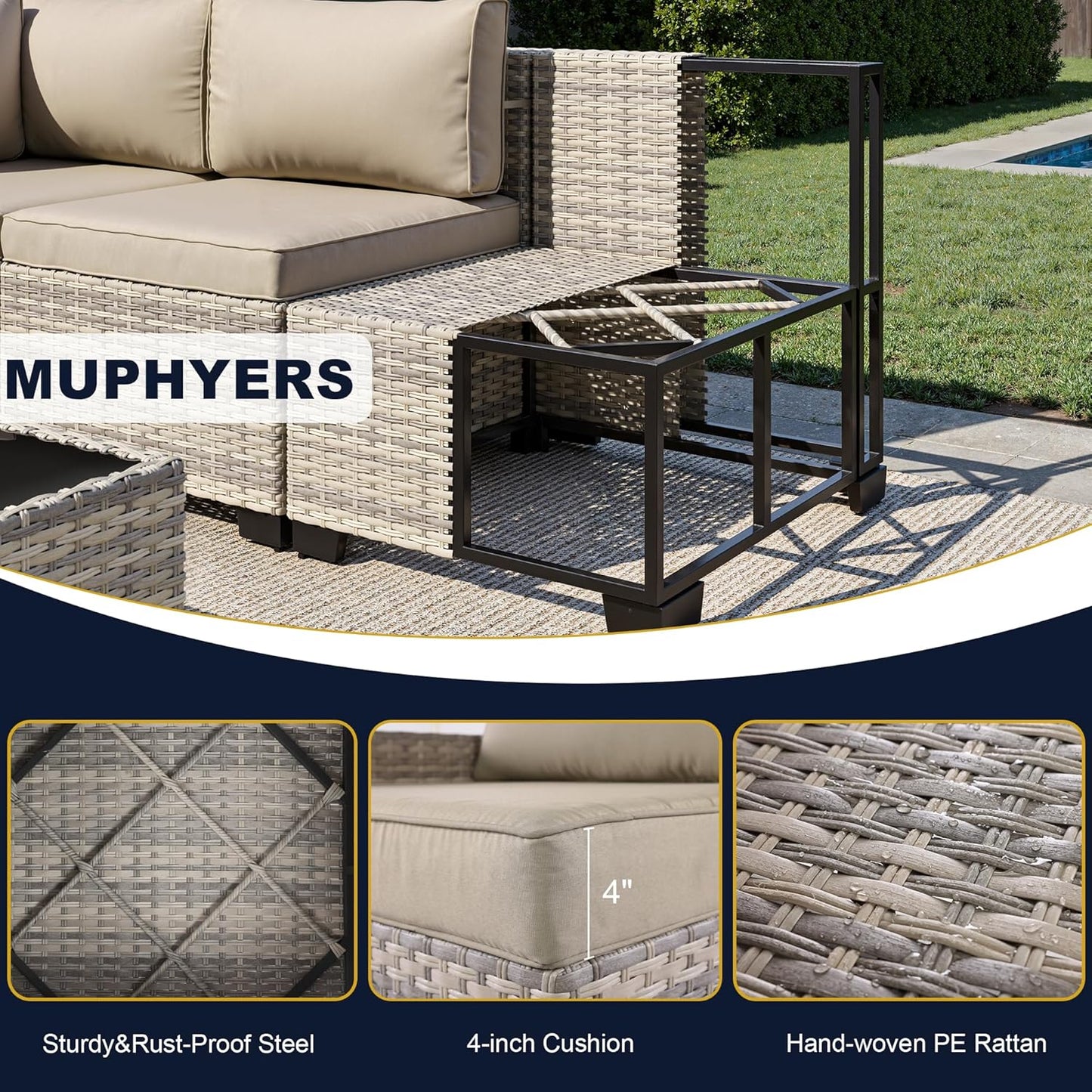 Muphyers 11-Piece Outdoor Patio Furniture Set with Rocking Swivel Chair, Wicker Rattan Sectional Sofa Conversation Set with 55,000 BTU Fire Pit Table, Backyard Furniture,Beige