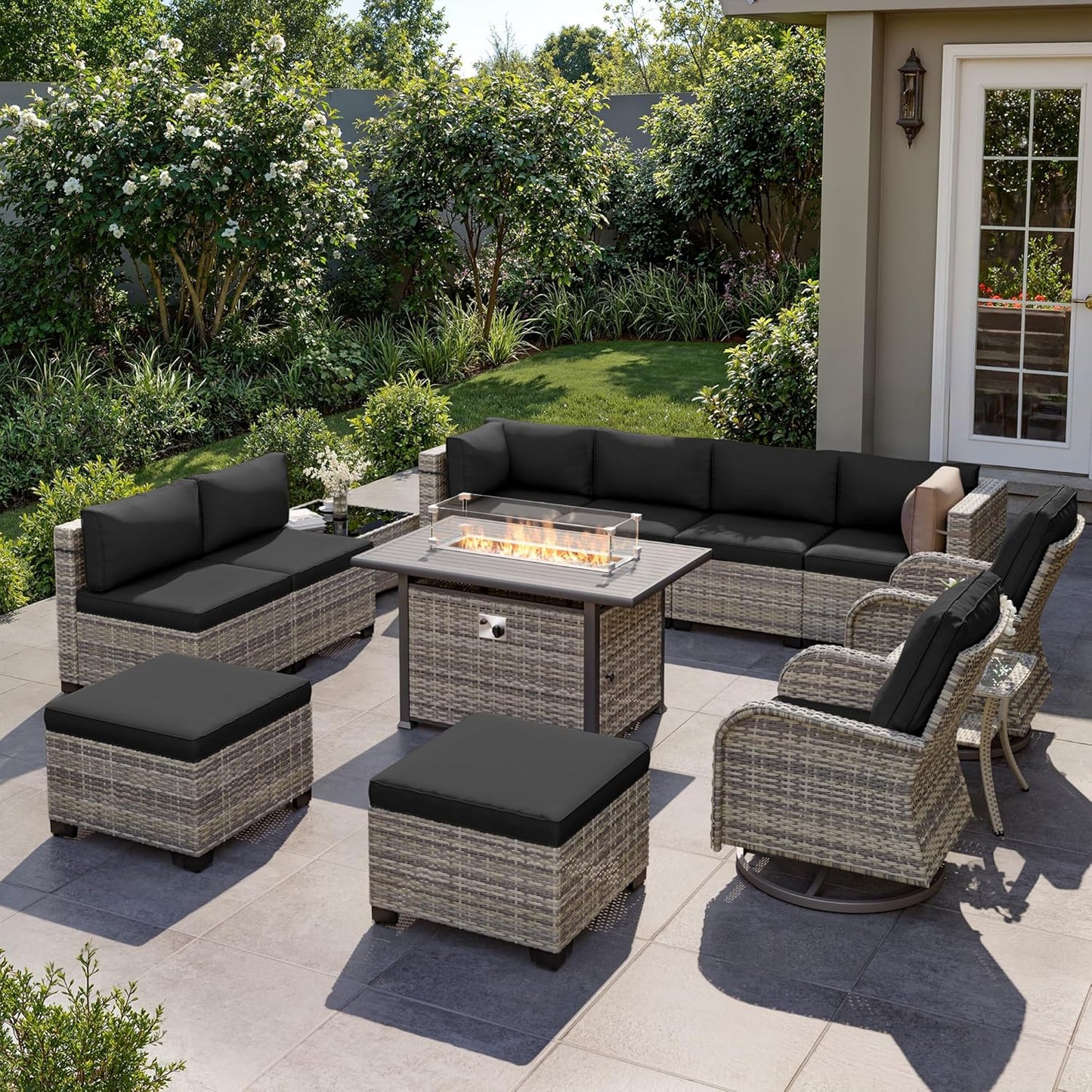 Muphyers 13-Piece Outdoor Patio Furniture Set with Rocking Swivel Chair, Wicker Rattan Sectional Sofa Conversation Set with 55,000 BTU Fire Pit Table with Ottomans, Backyard Furniture,Dark Grey