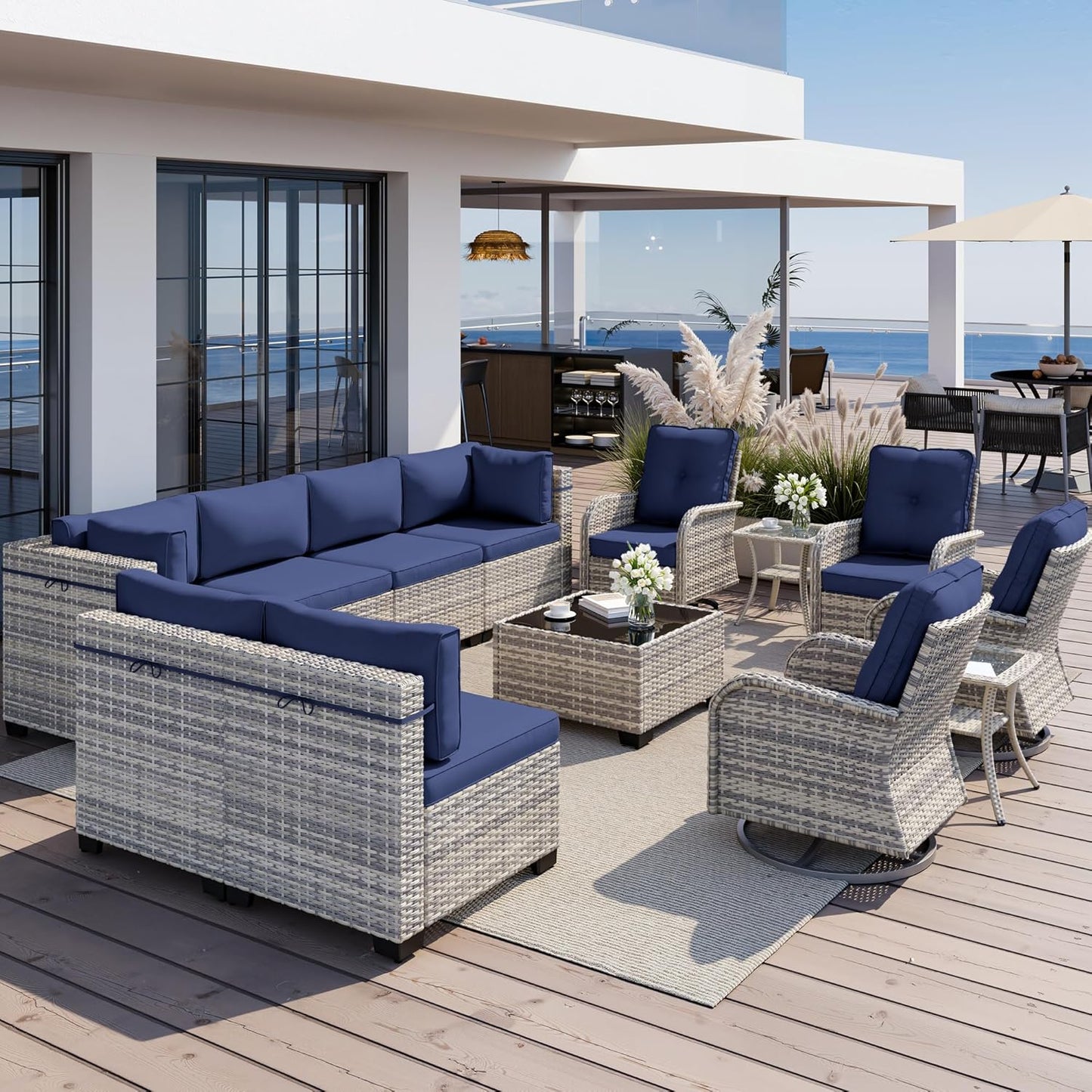 Muphyers 13-Piece Outdoor Patio Furniture Set with Rocking Swivel Chair, Wicker Rattan Sectional Sofa Conversation Set with Tempered Glass Table, Backyard Furniture,Navy Blue