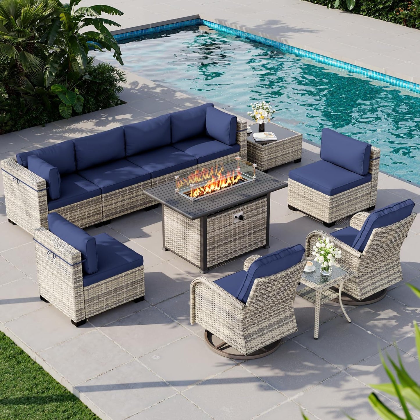 Muphyers 11-Piece Outdoor Patio Furniture Set with Rocking Swivel Chair, Wicker Rattan Sectional Sofa Conversation Set with 55,000 BTU Fire Pit Table, Backyard Furniture,Navy Blue