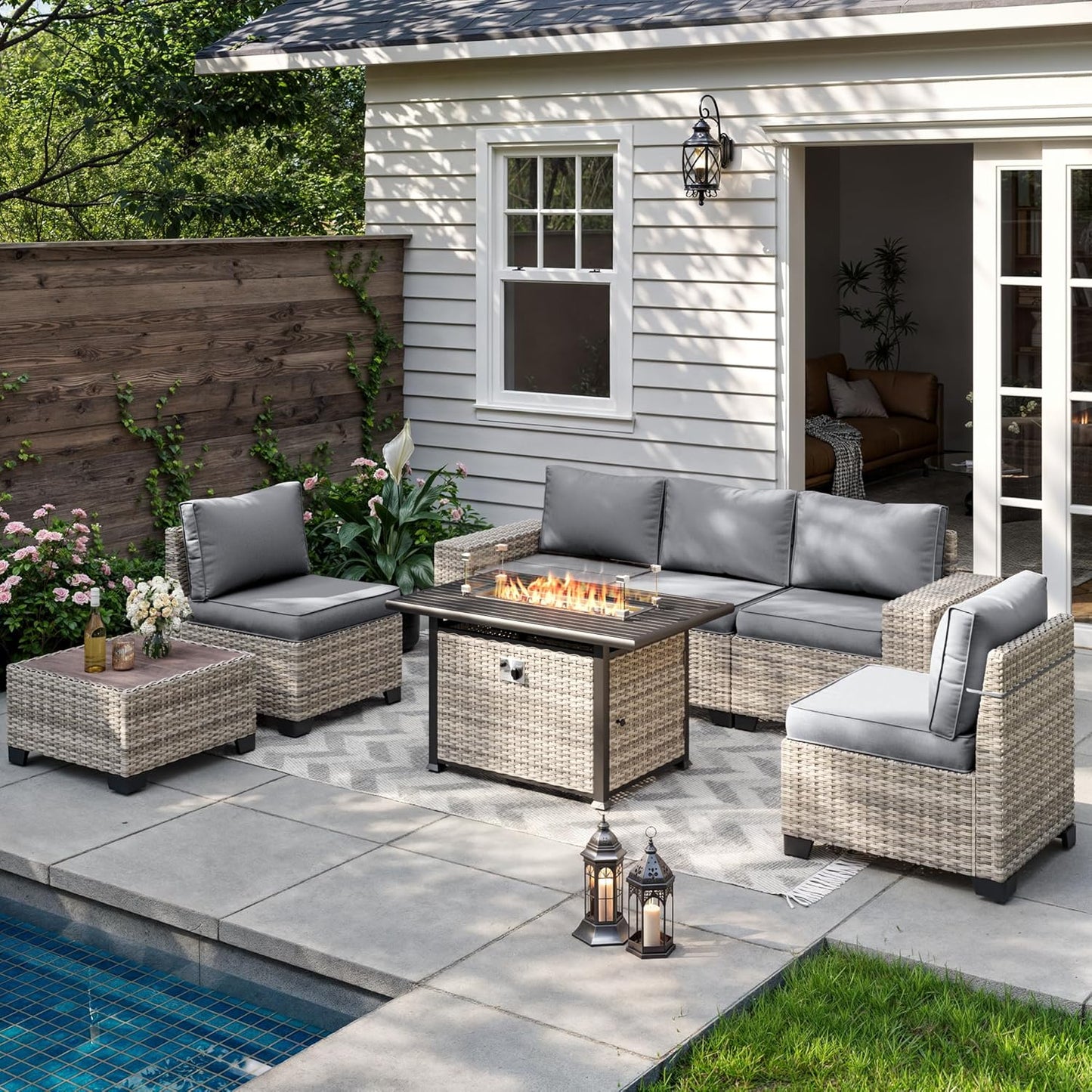 Muphyers 7-Piece Outdoor Patio Furniture Set with 55,000 BTU Fire Pit Table, PE Wicker Rattan Sectional Sofa Patio Conversation Set with Thickened Cushions & Coffee Table