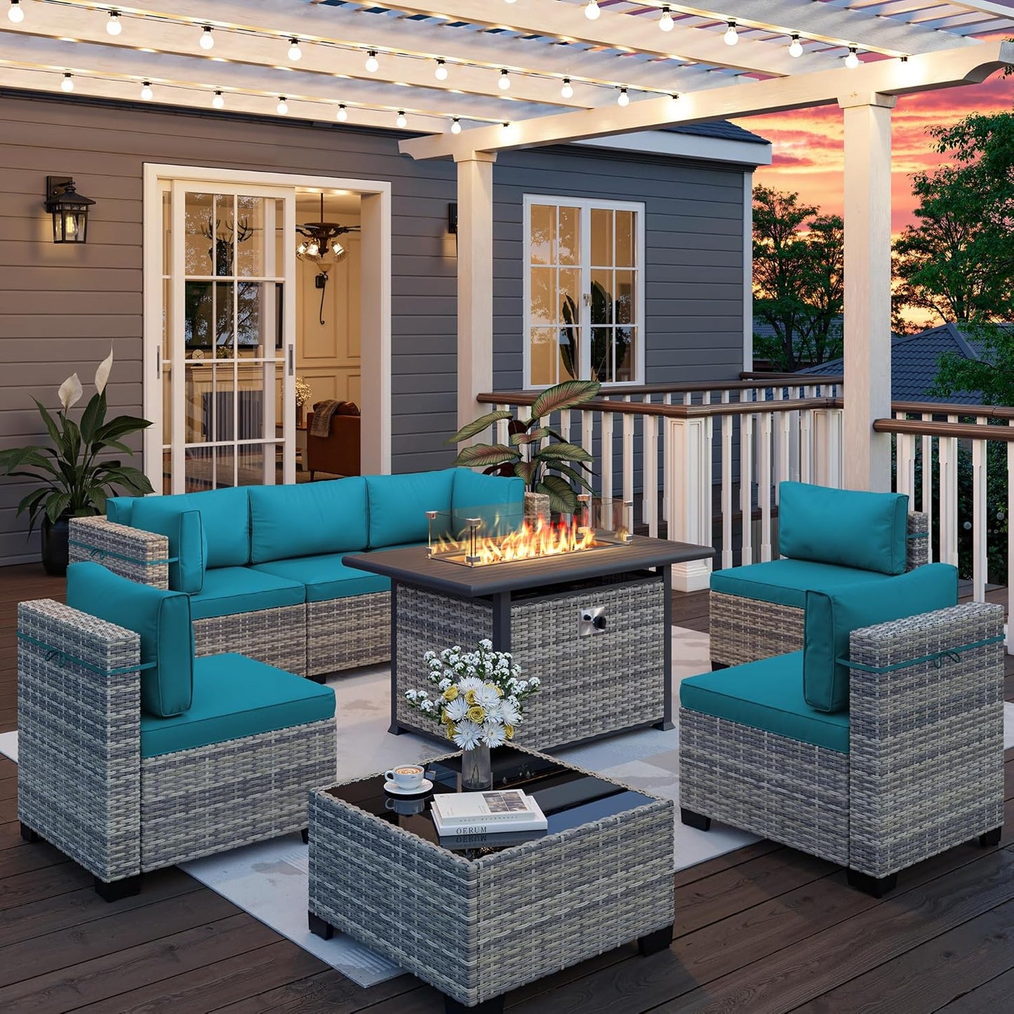 Muphyers 8-Piece Outdoor Patio Furniture Set with 55,000 BTU Fire Pit Table, PE Wicker Rattan Sectional Sofa Conversation Set - All-Weather Garden, Backyard Furniture,Turquoise