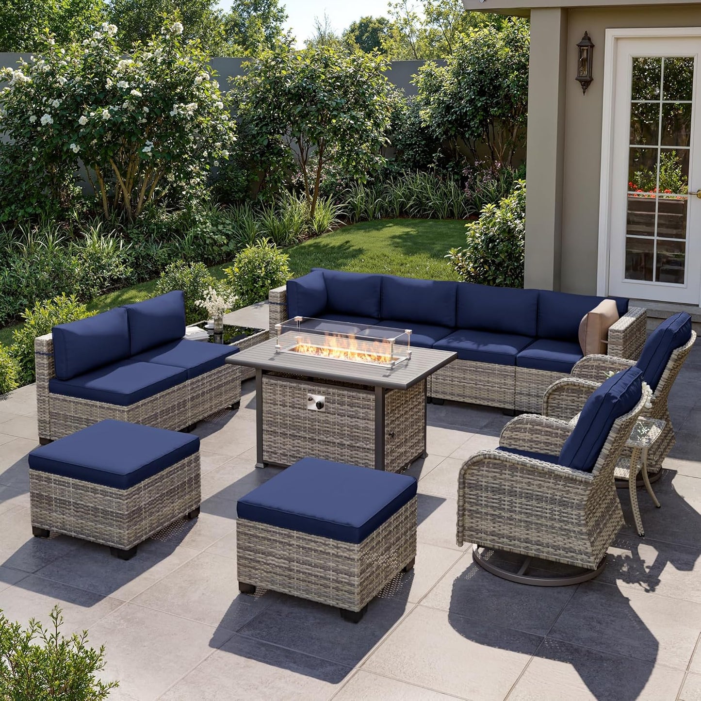 Muphyers 13-Piece Outdoor Patio Furniture Set with Rocking Swivel Chair, Wicker Rattan Sectional Sofa Conversation Set with 55,000 BTU Fire Pit Table with Ottomans, Backyard Furniture,Navy Blue