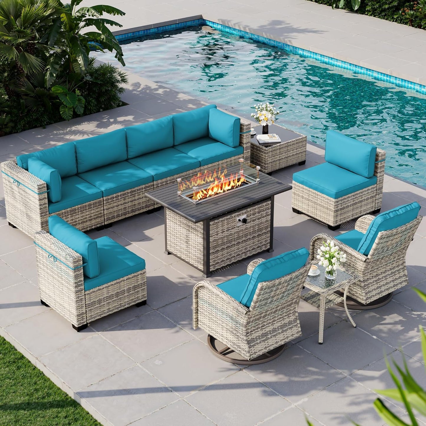 Muphyers 11-Piece Outdoor Patio Furniture Set with Rocking Swivel Chair, Wicker Rattan Sectional Sofa Conversation Set with 55,000 BTU Fire Pit Table, Backyard Furniture,Turquoise