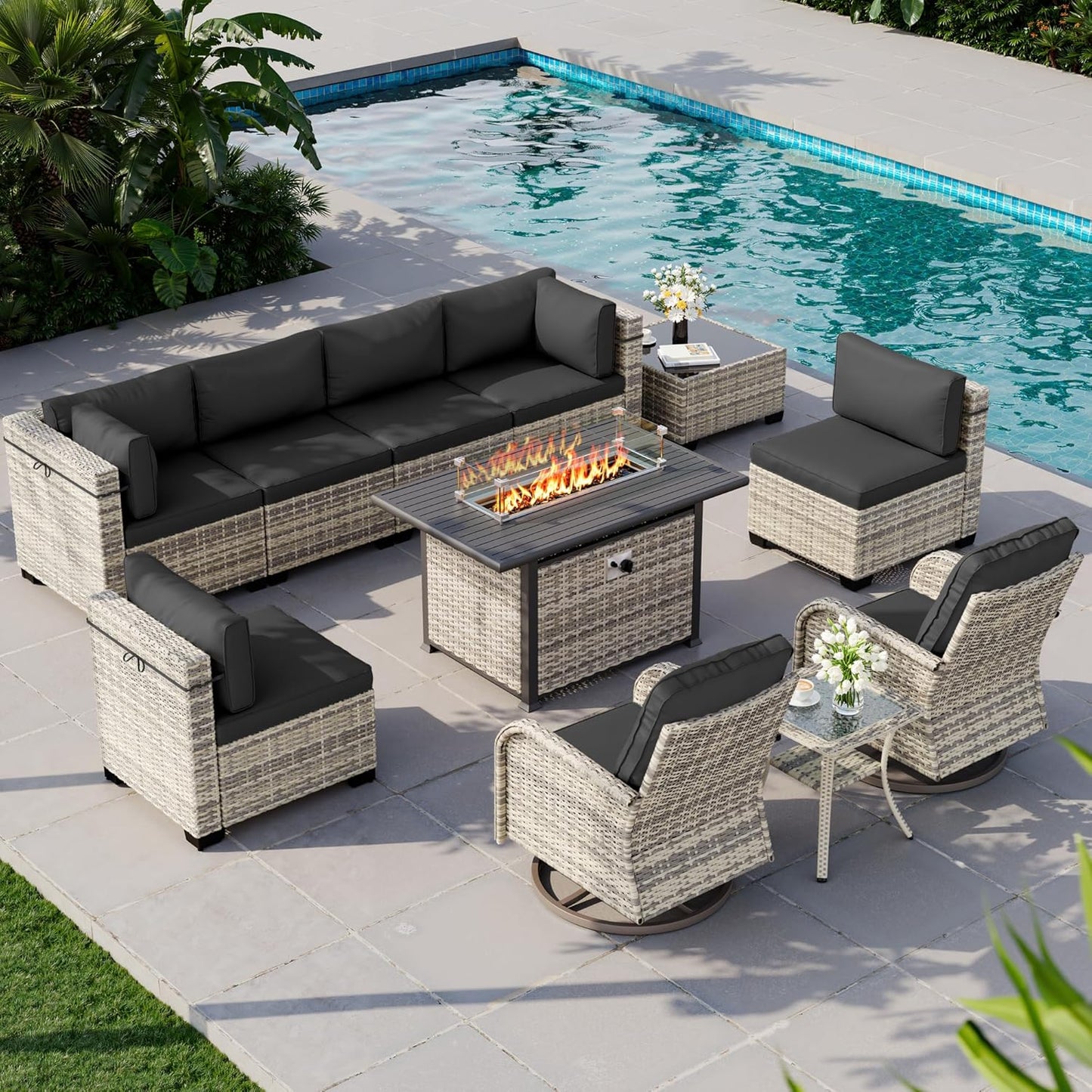 Muphyers 11-Piece Outdoor Patio Furniture Set with Rocking Swivel Chair, Wicker Rattan Sectional Sofa Conversation Set with 55,000 BTU Fire Pit Table, Backyard Furniture,Dark Grey