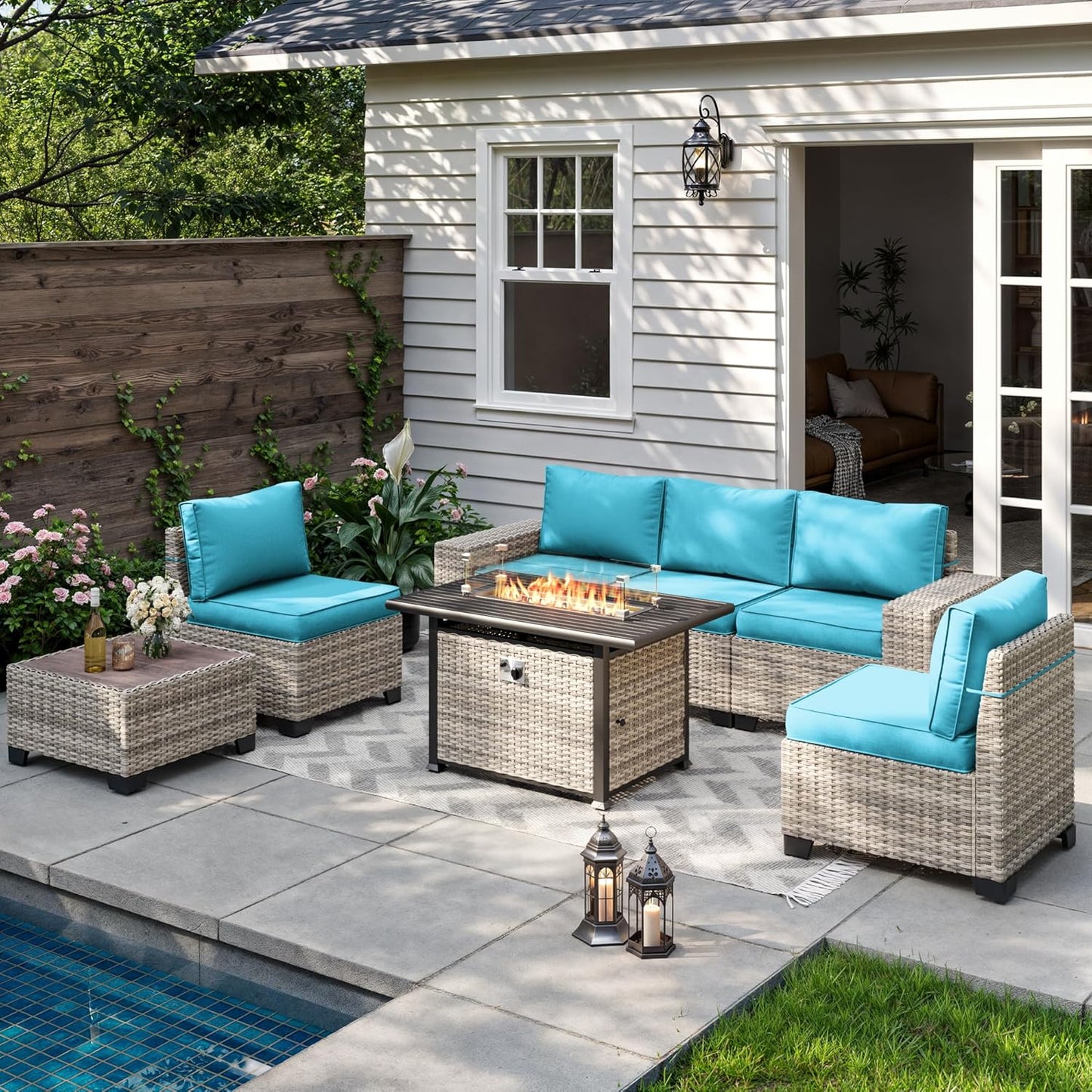 Muphyers 7-Piece Outdoor Patio Furniture Set with 55,000 BTU Fire Pit Table, PE Wicker Rattan Sectional Sofa Patio Conversation Set with Thickened Cushions & Coffee Table