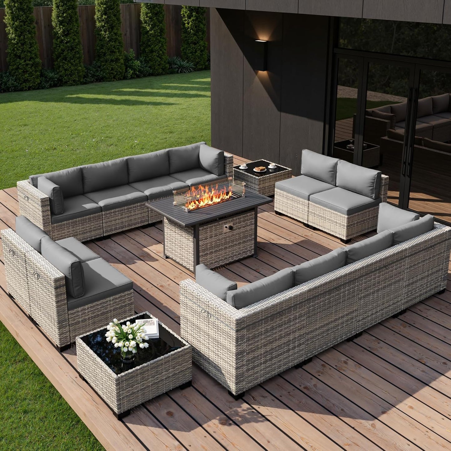 Muphyers 15-Piece Outdoor Patio Furniture Set with 55,000 BTU Fire Pit Table, PE Wicker Rattan Sectional Sofa Conversation Set - All-Weather Garden, Backyard Furniture,Grey