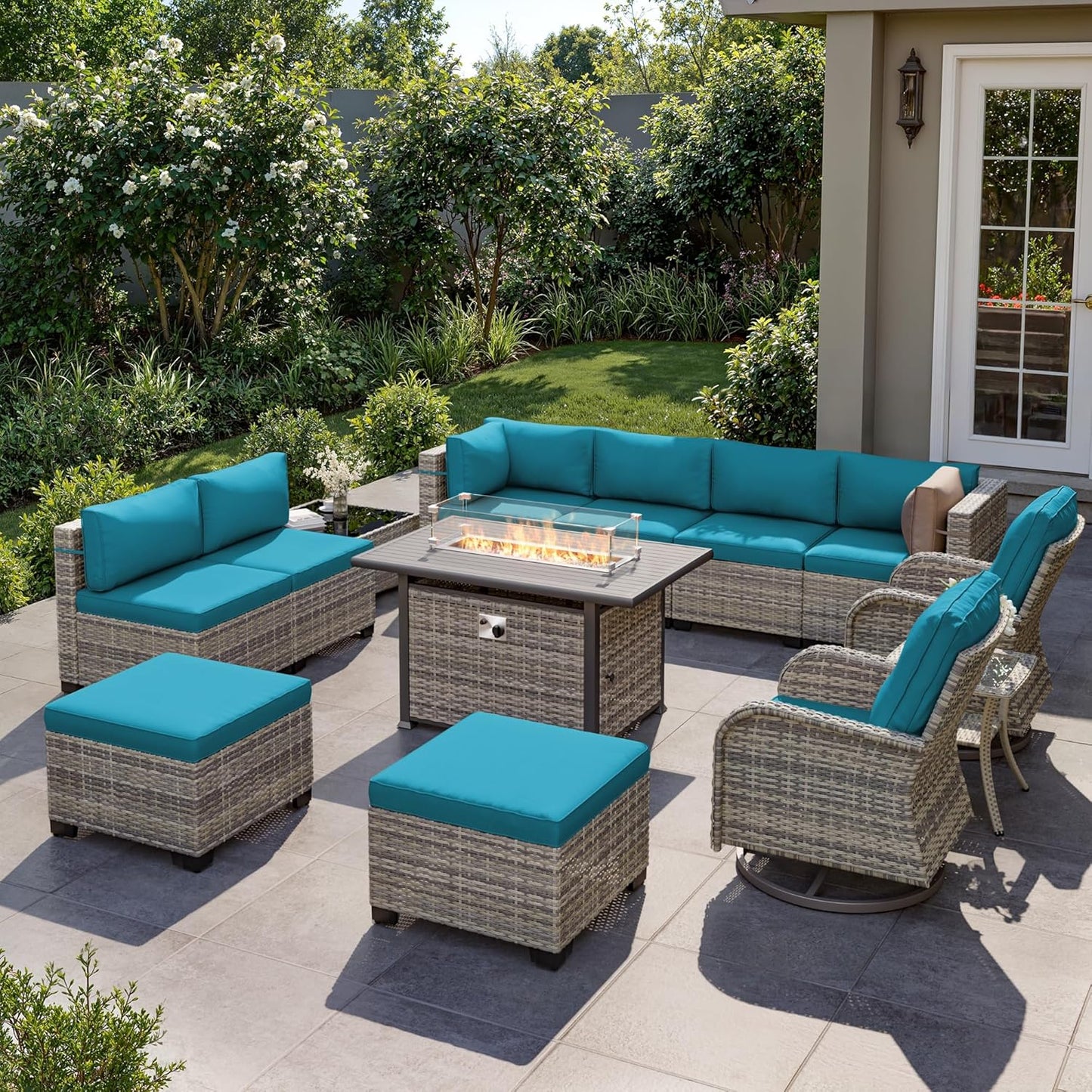 Muphyers 13-Piece Outdoor Patio Furniture Set with Rocking Swivel Chair, Wicker Rattan Sectional Sofa Conversation Set with 55,000 BTU Fire Pit Table with Ottomans, Backyard Furniture,Turquoise
