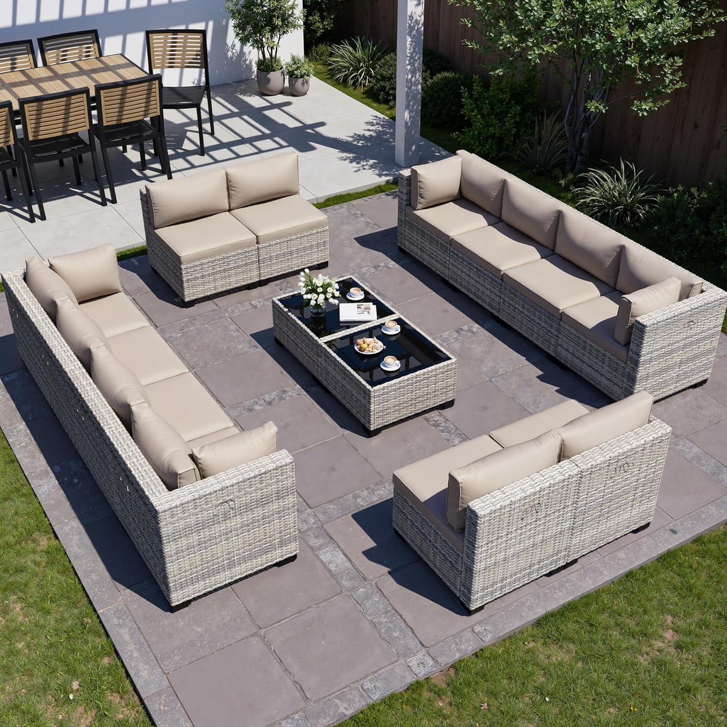 Muphyers 14-Piece Outdoor Patio Furniture Set, PE Wicker Rattan Sectional Sofa Conversation Set with Tempered Glass Table & Thick Cushions - All-Weather Garden, Backyard Furniture,Beige